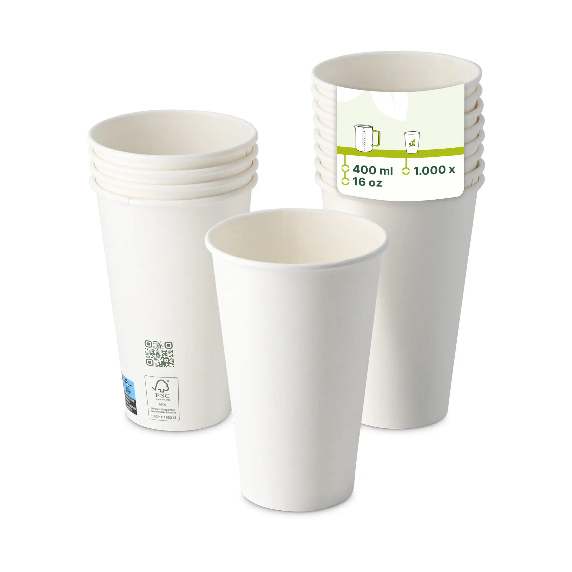 One white paper cup in focus; several similar cups stacked behind with a labeled cup showing capacity and quantity.