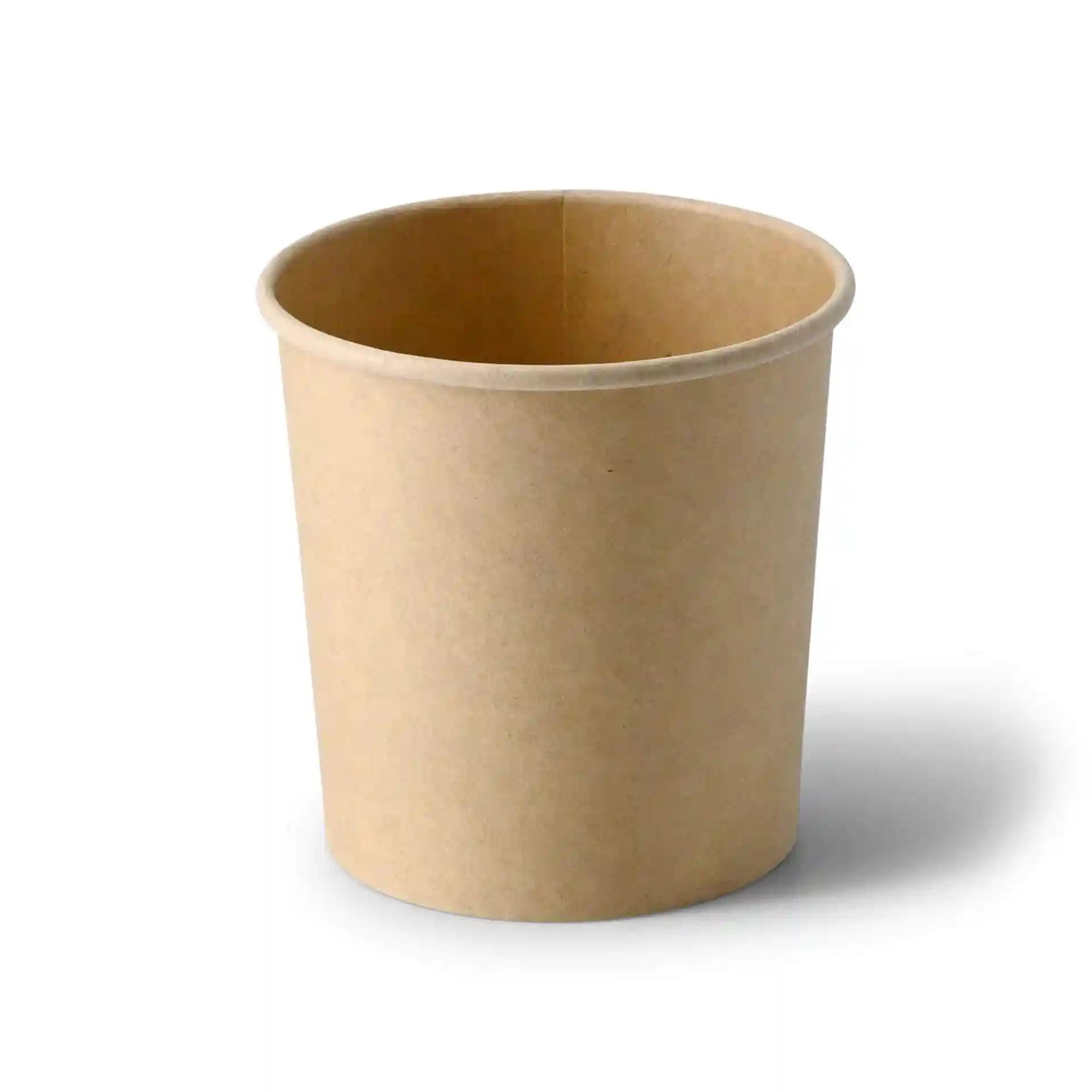 Brown cardboard soup cup with a round shape, 300 ml capacity, and an eco-friendly coating.