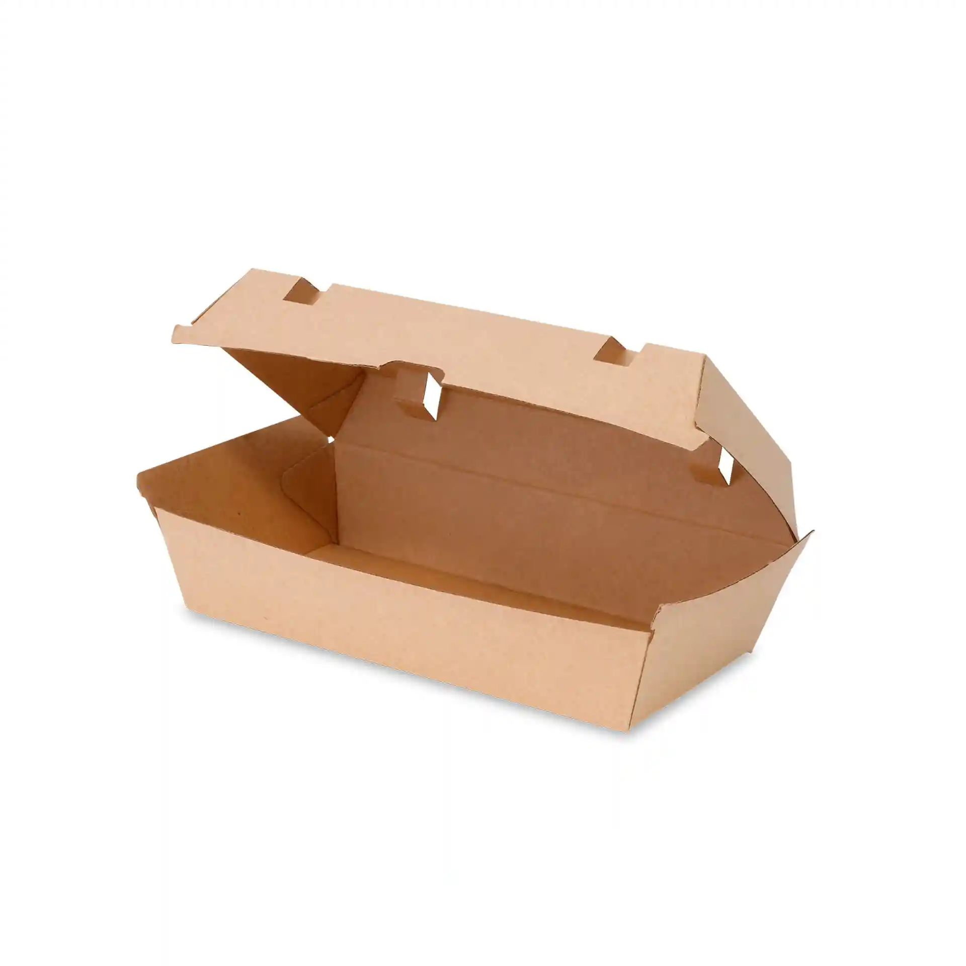 Brown cardboard food box with a hinged lid, measuring 24.8 x 13 x 7.5 cm, shown in an open position.