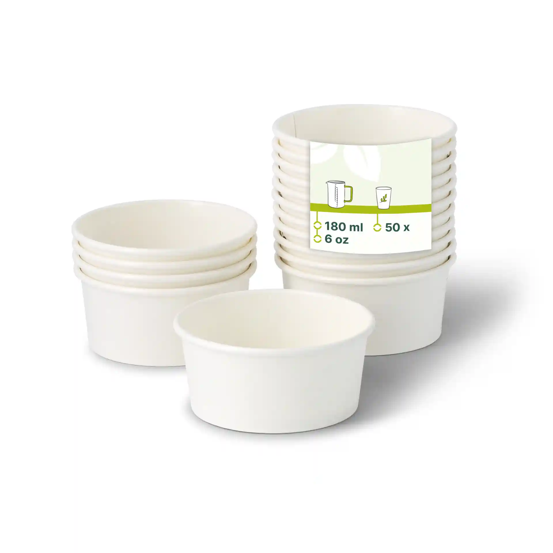 Stapel weißer Pappbecher für Eis, rund, mit Etikett für 180 ml und 50 Becher.