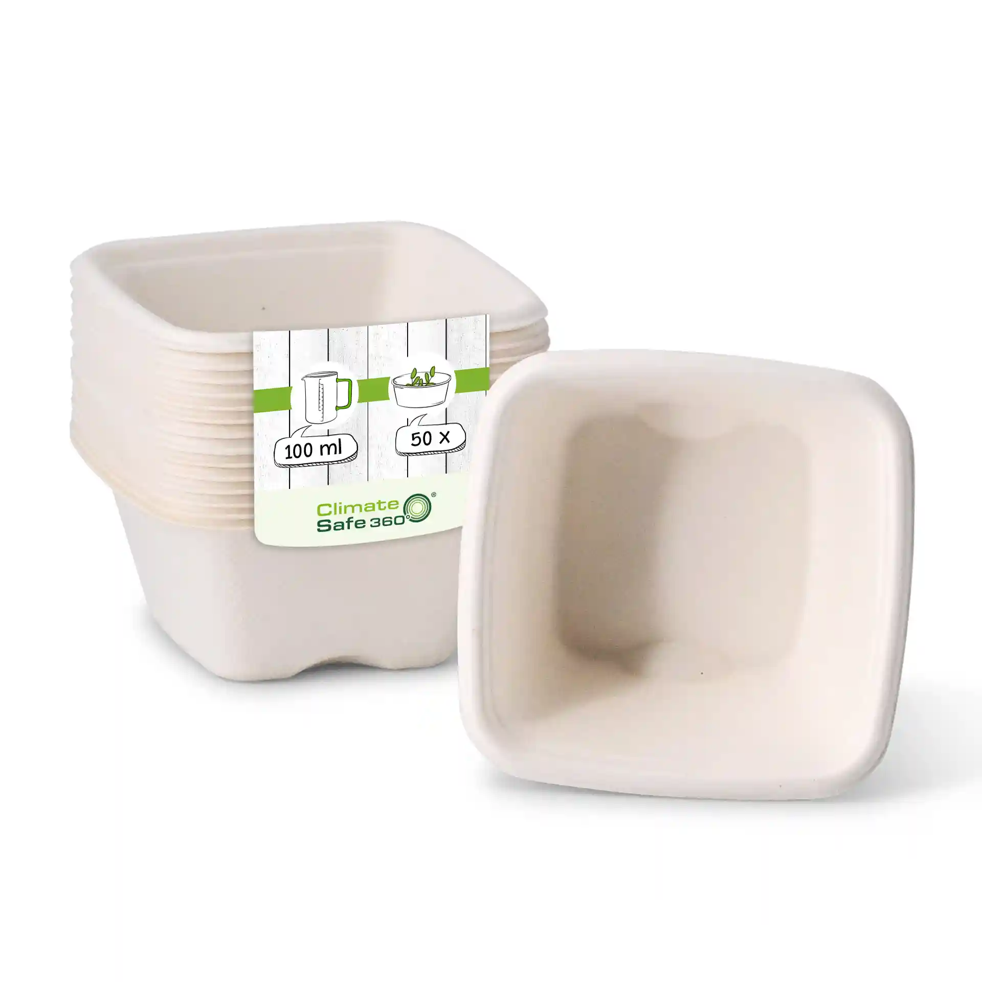 Stapel von quadratischen Bagasse-Bechern in Weiß, jeweils mit 100 ml Fassungsvermögen, mit Etikett präsentiert.