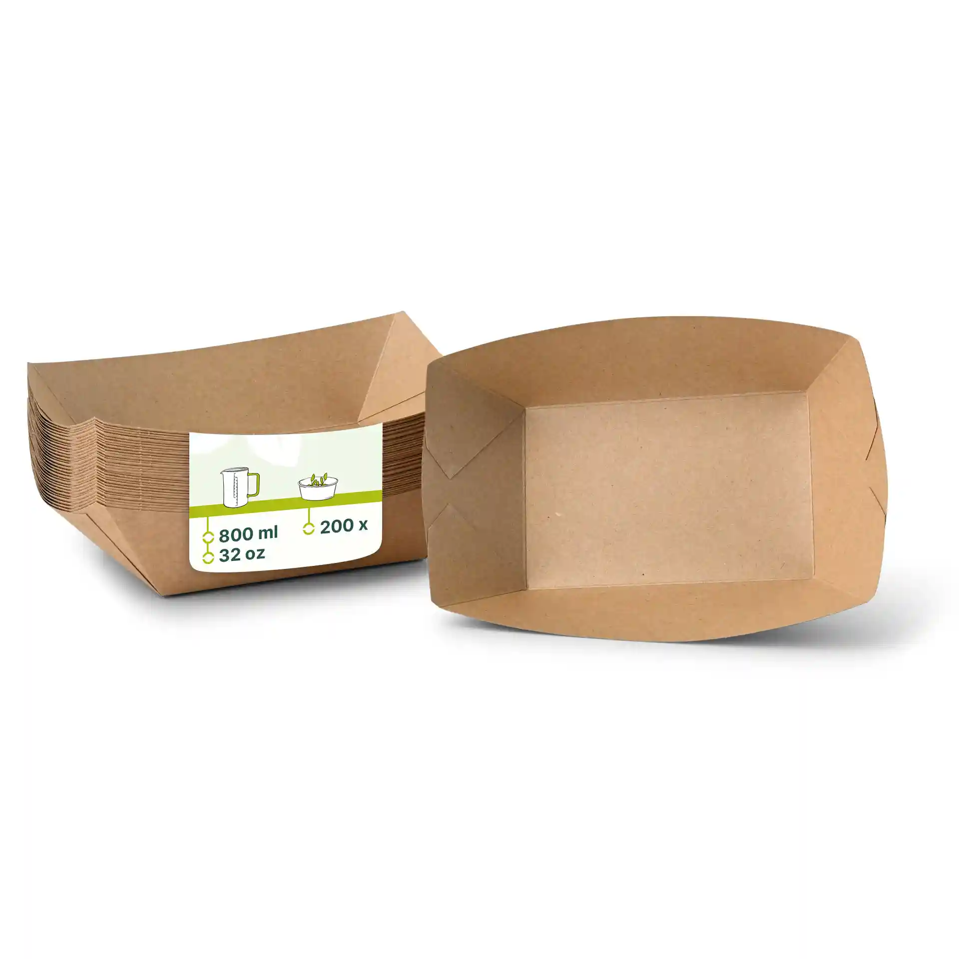 Brown rectangular cardboard food trays stacked, with one tray slightly open, showing a label with volume and quantity details.