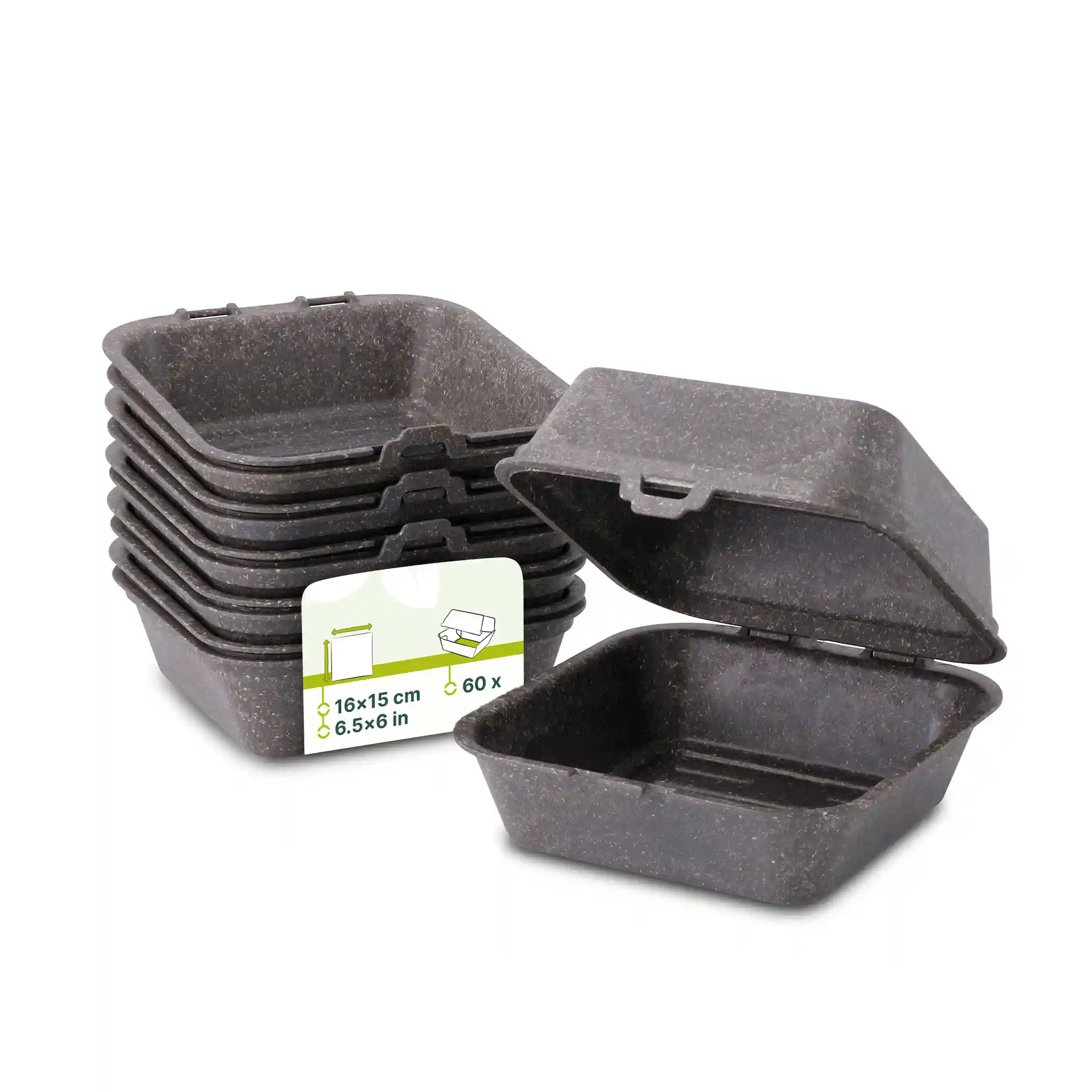 Stapel wiederverwendbarer grauer Burgerboxen mit einer offenen Box, die Innenmaße von 16 x 15 x 8,5 cm zeigt.