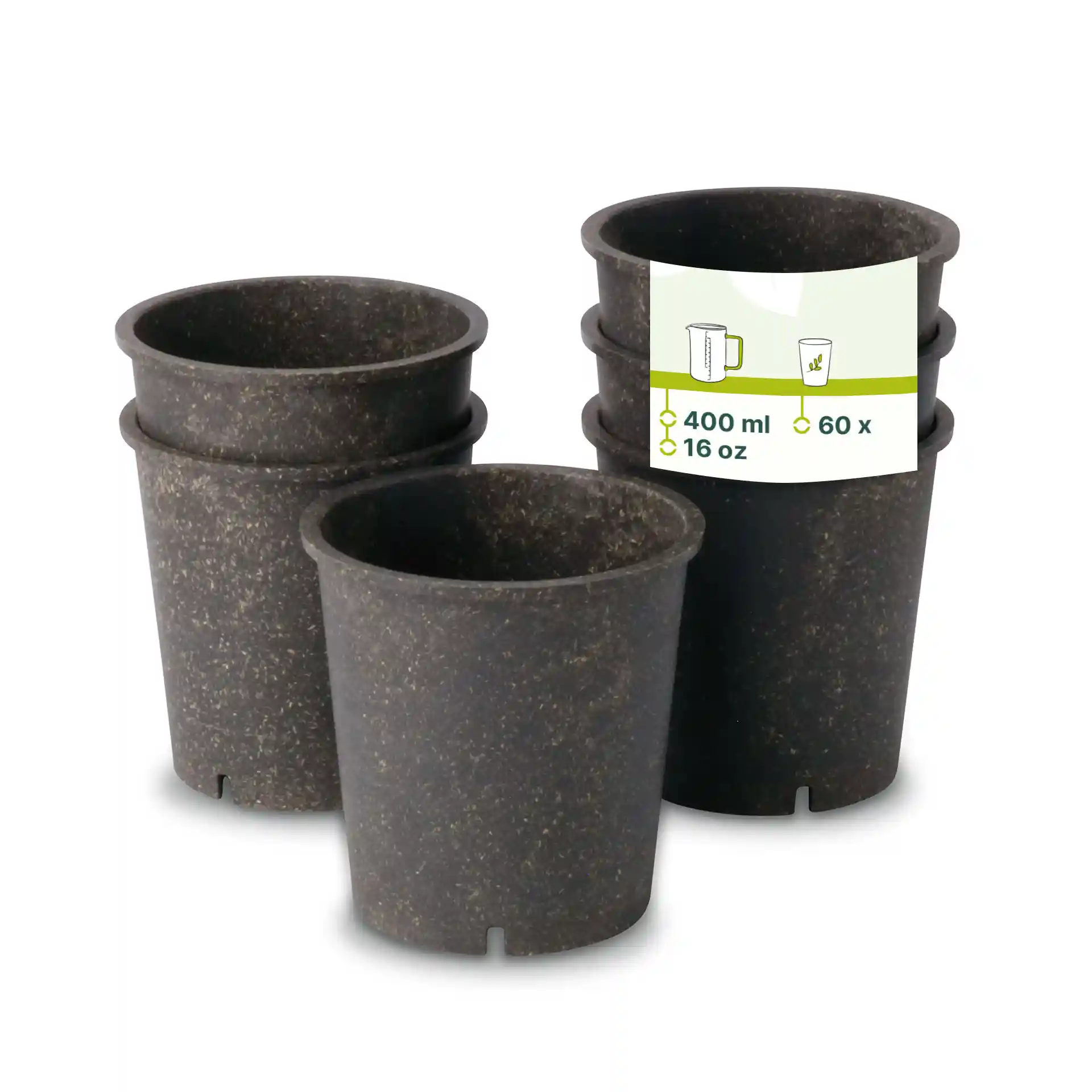 Four grey reusable cups made from bio compound, each with a capacity of 400 ml, displayed with a label.