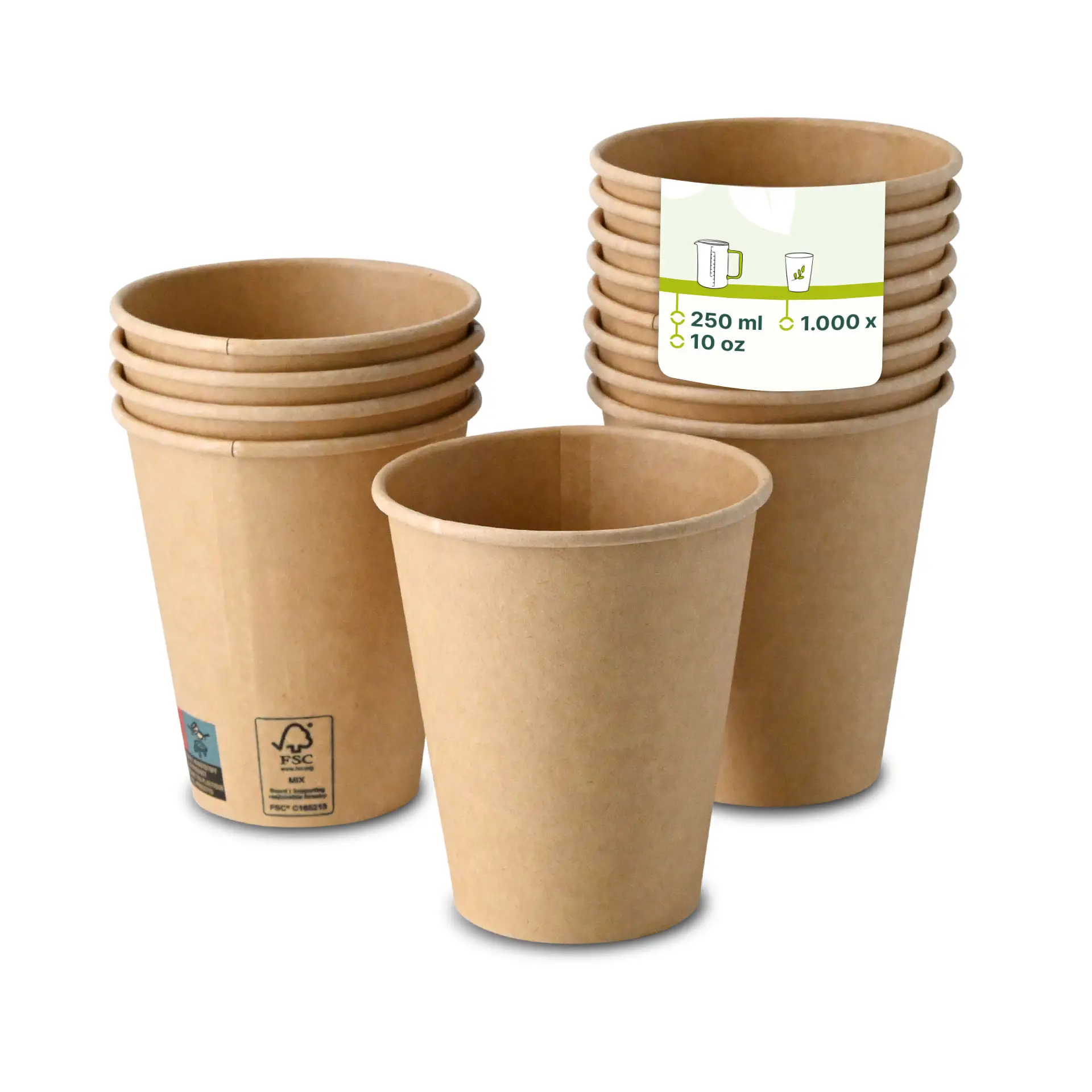 One 10 oz brown paper cup in focus with multiple similar cups behind; featuring a PE coating and a label with specifications.