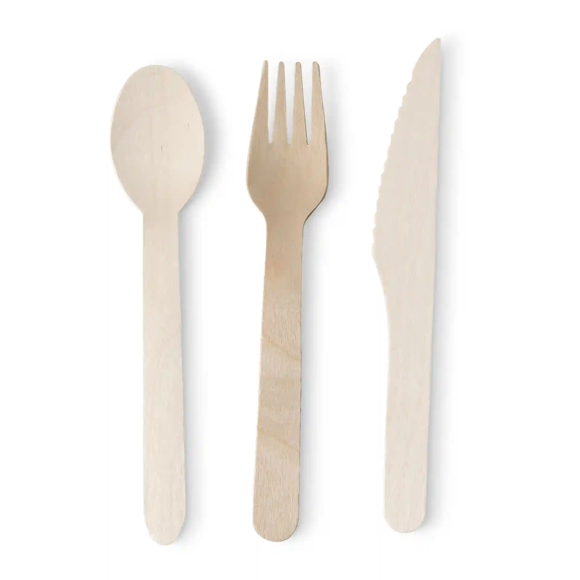 Set aus Holzlöffel, Gabel und Messer, jeweils 16 cm lang, aus Holz mit bio-beschichteter Oberfläche.