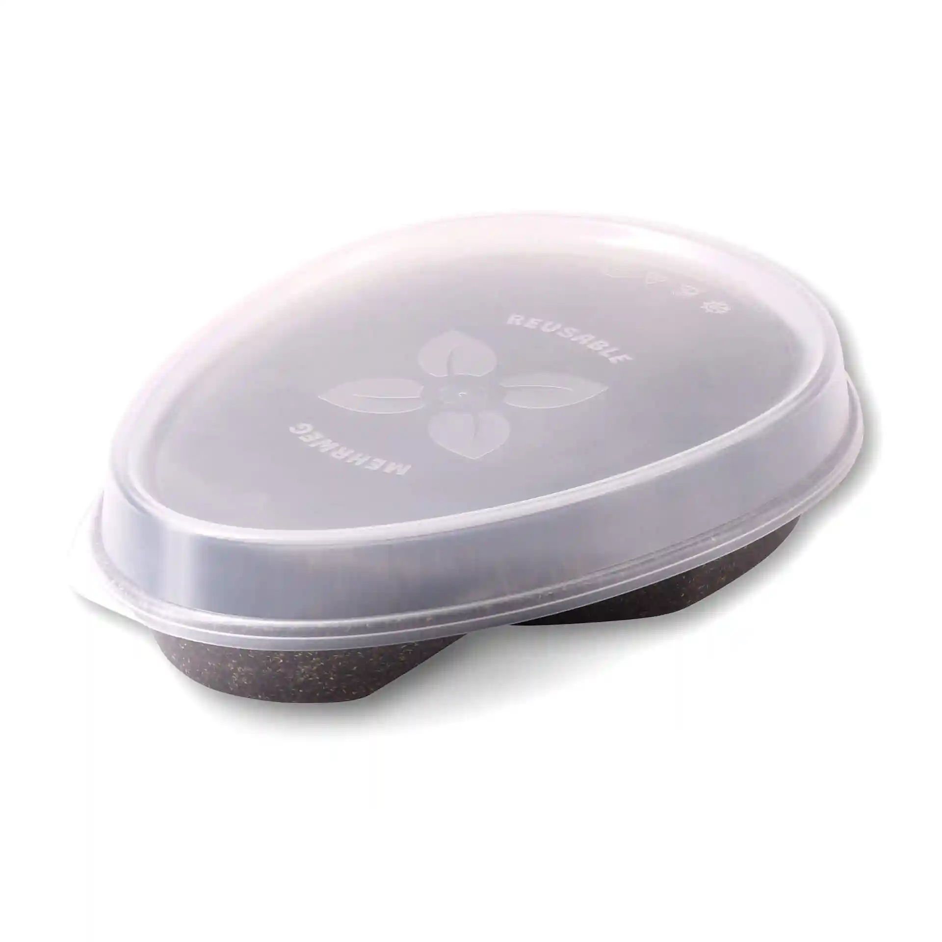 Reusable divided plate in teardrop shape with two compartments, grey color, dimensions 27.5 × 20 × 3.5 cm.