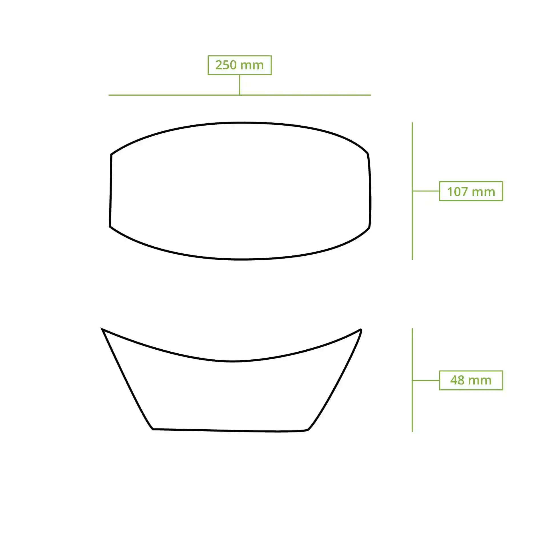 Schematische Zeichnung eines bootförmigen Behälters mit den Abmessungen 250 mm Länge, 107 mm Breite und 48 mm Höhe.