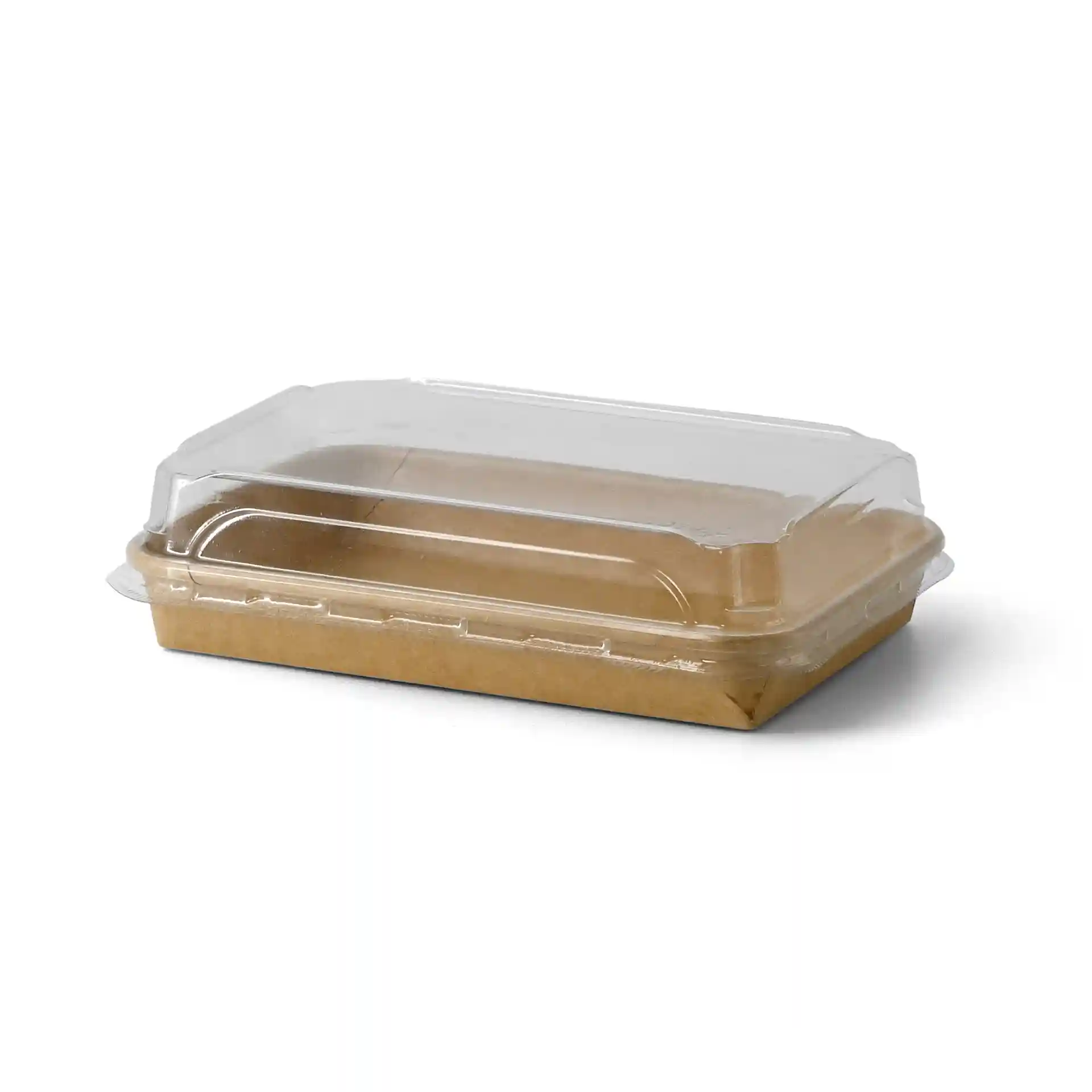 Braune Sushi-Box mit klarem Plastikdeckel, 22 x 14 x 2,5 cm groß.