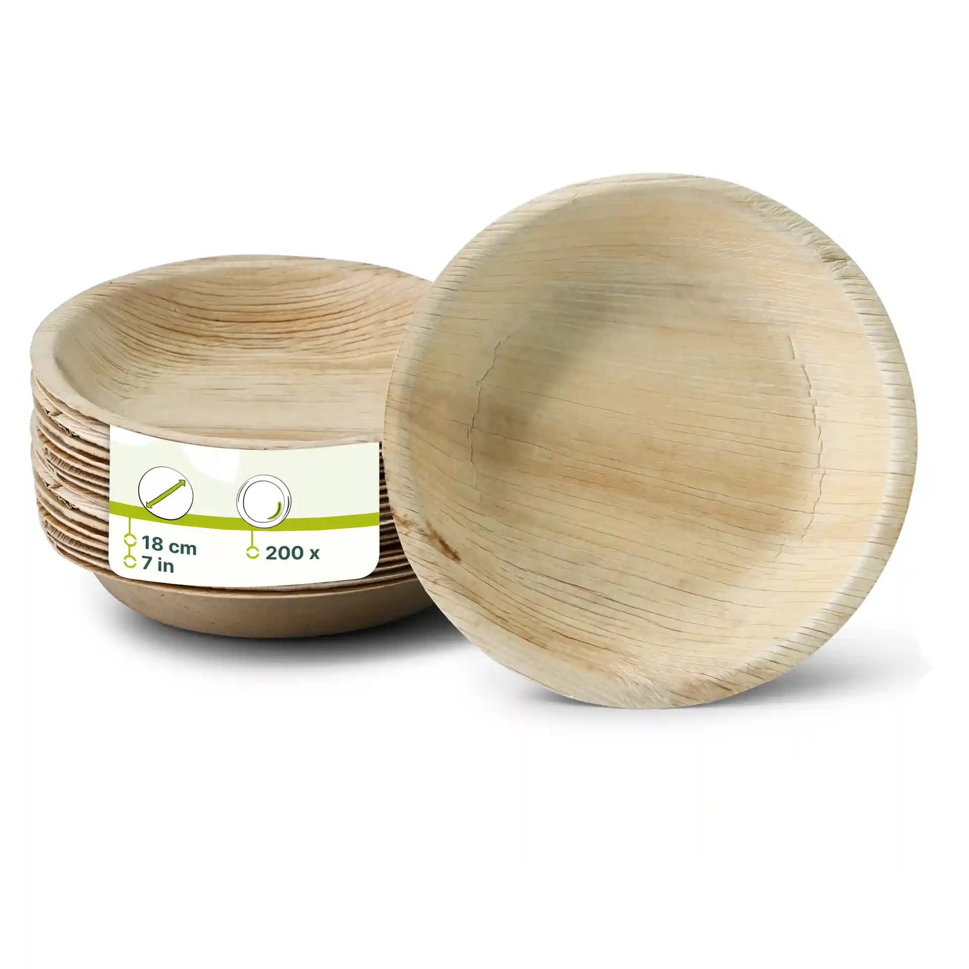 Stack of round palm leaf plates, 18 cm in diameter, with one plate shown in front and a label with details.