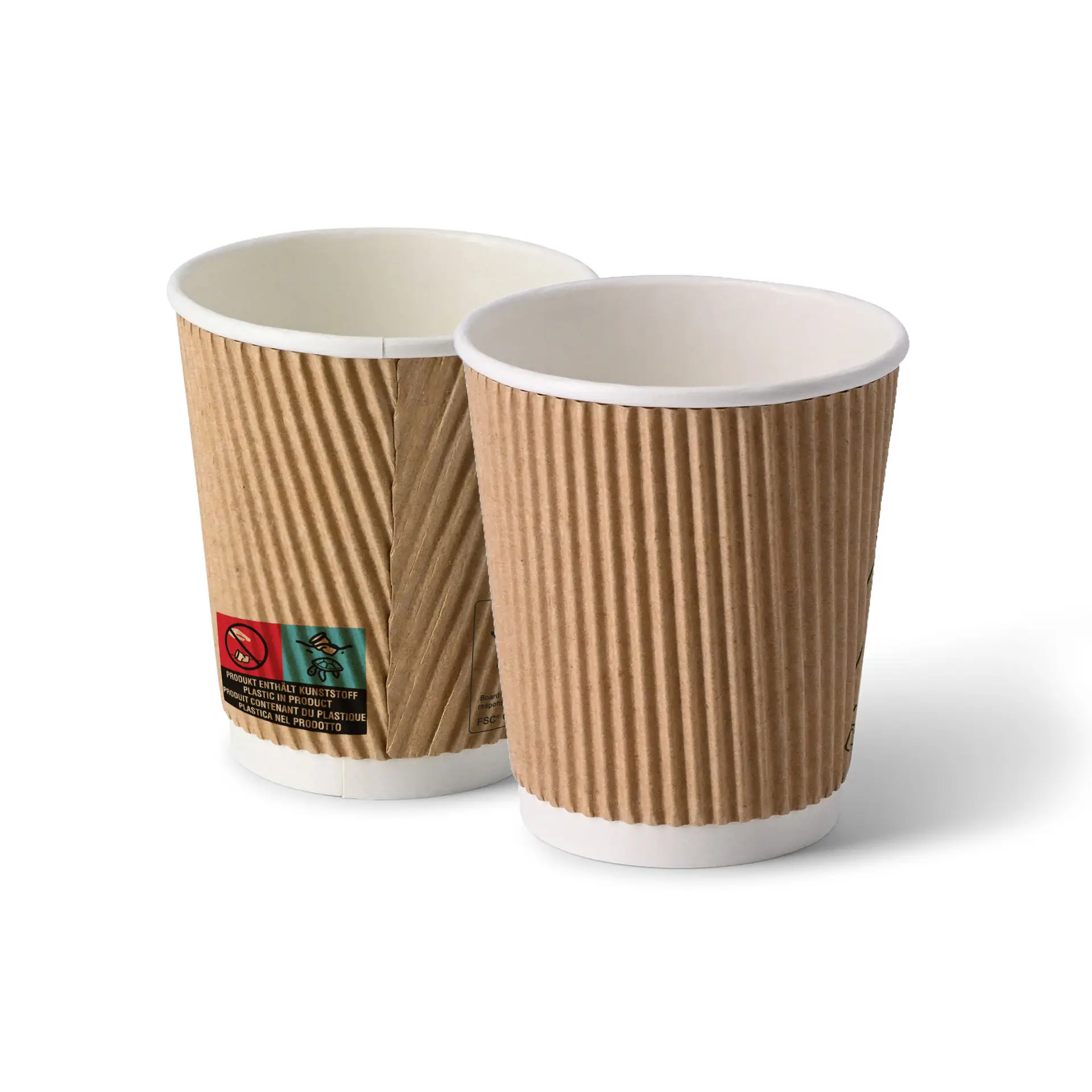 Zwei braune Becher mit Wellenstruktur und weißem Innenfutter, einer mit Warnhinweis.