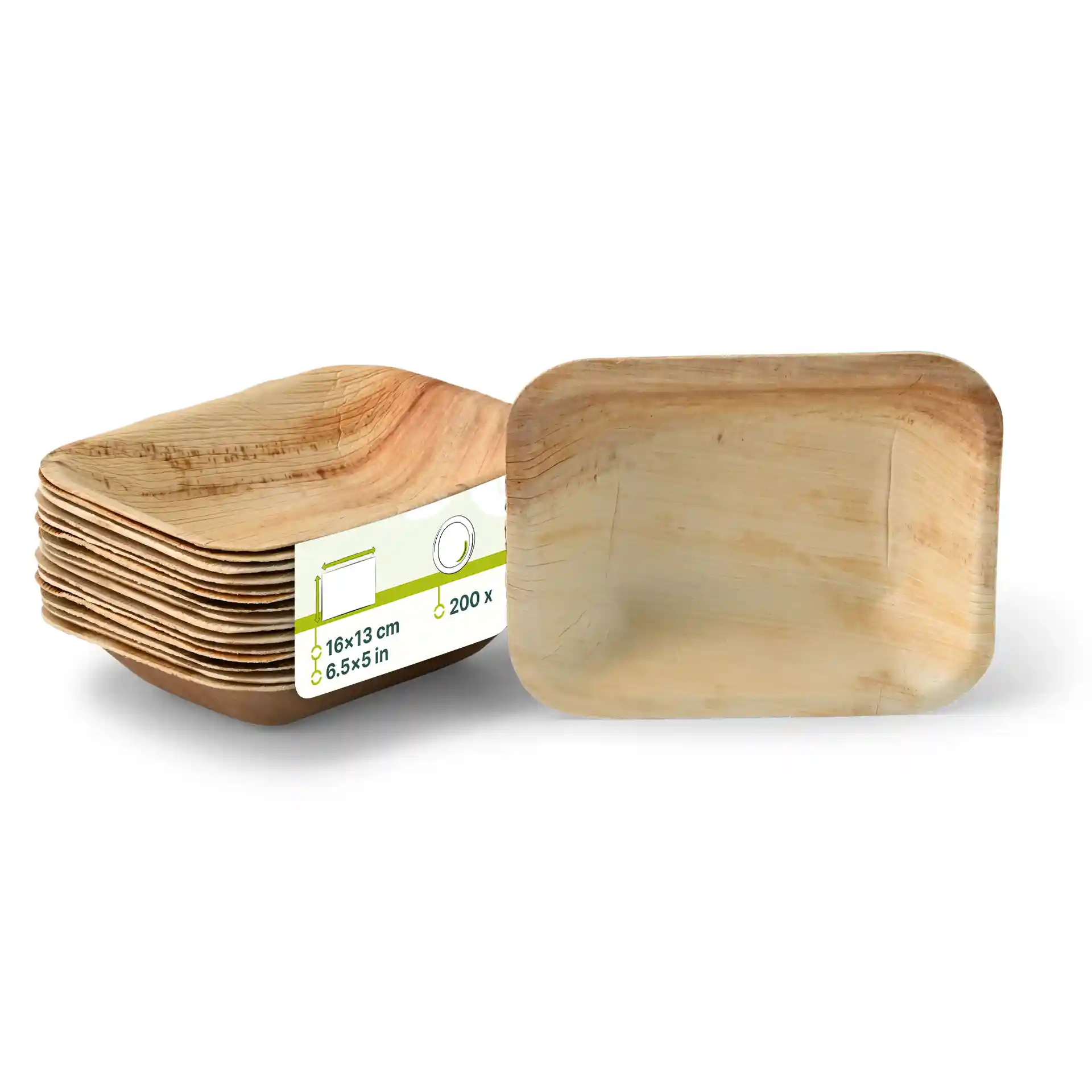 Stack of palm leaf plates, rectangular shape, measuring 16 x 13 cm, with one plate shown upright.