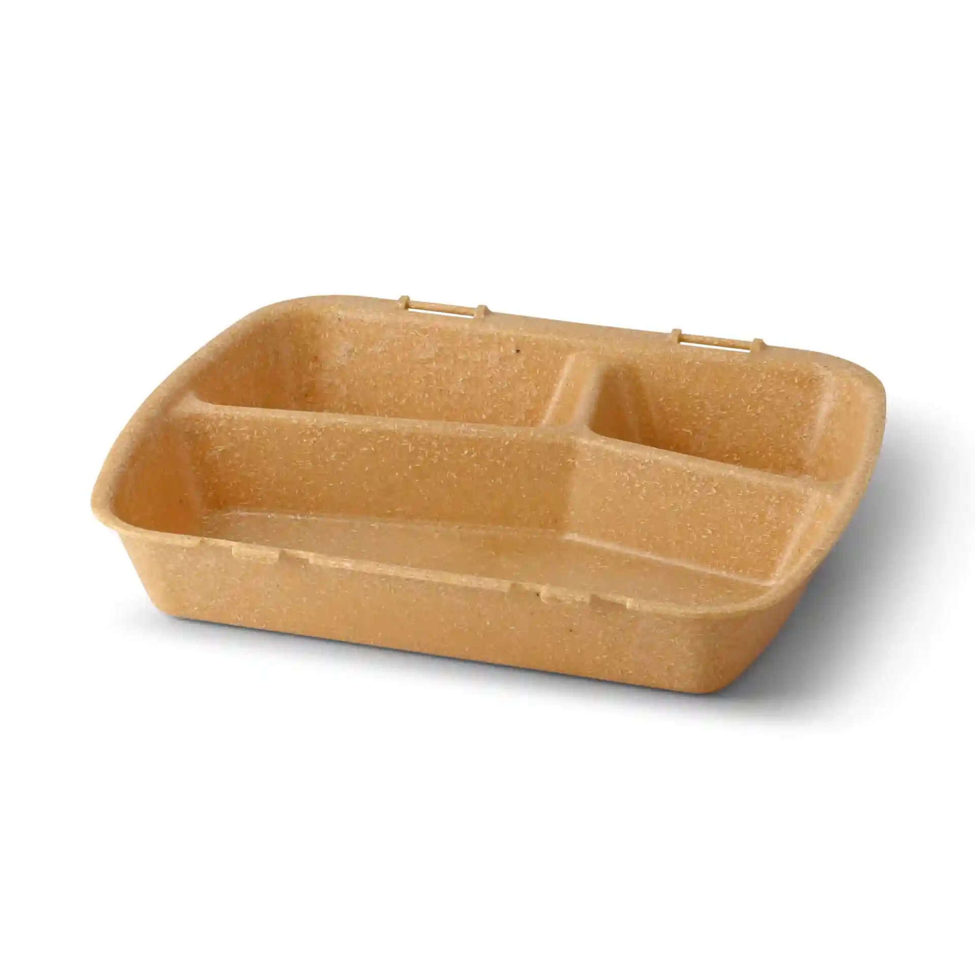 Brauner wiederverwendbarer Essensbehälter mit drei Fächern, 24,5 x 20 x 4,5 cm groß.