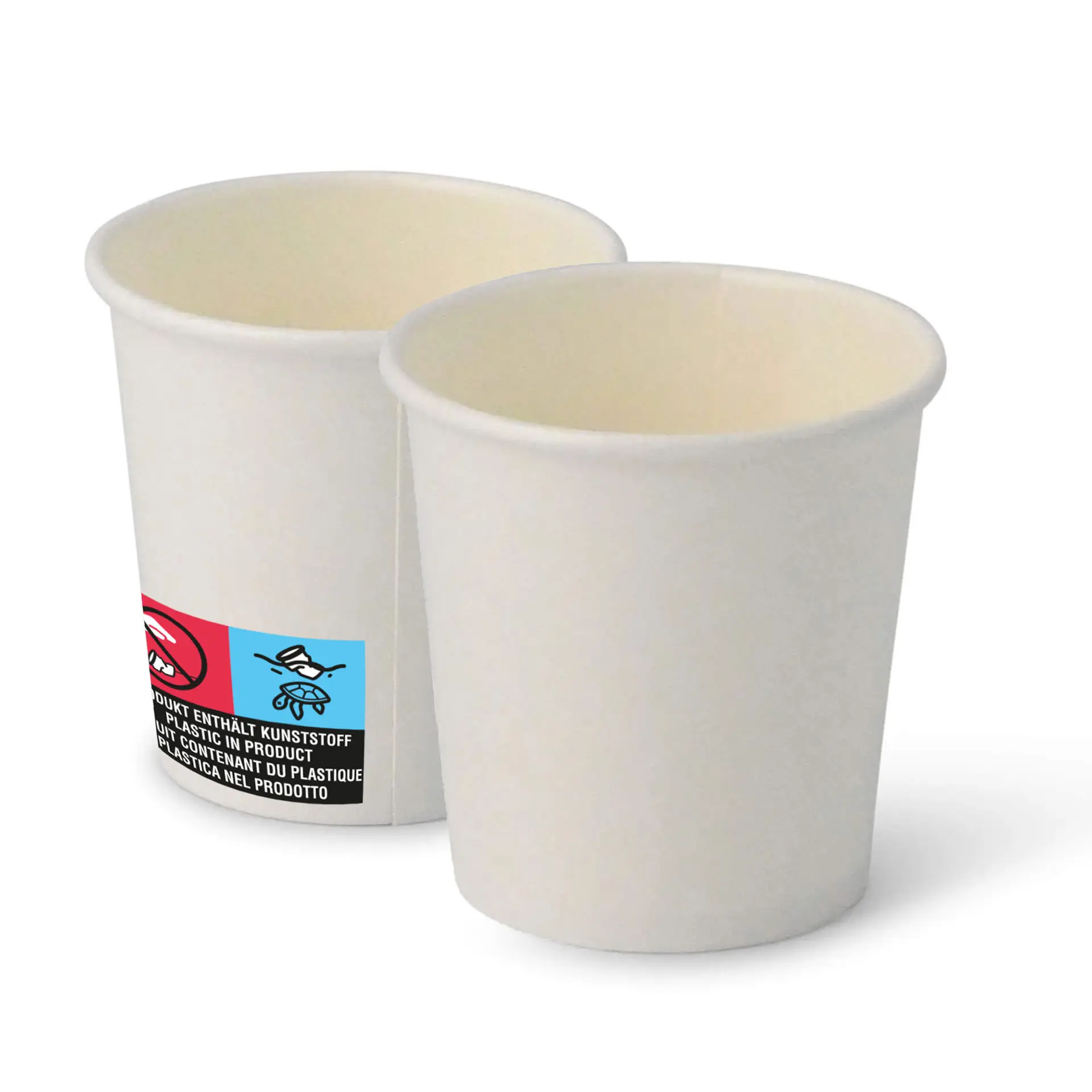 Weiße Pappbecher, 4 oz Größe, mit PE-Beschichtung und klassischem Design, gestapelt mit sichtbarem Etikett.