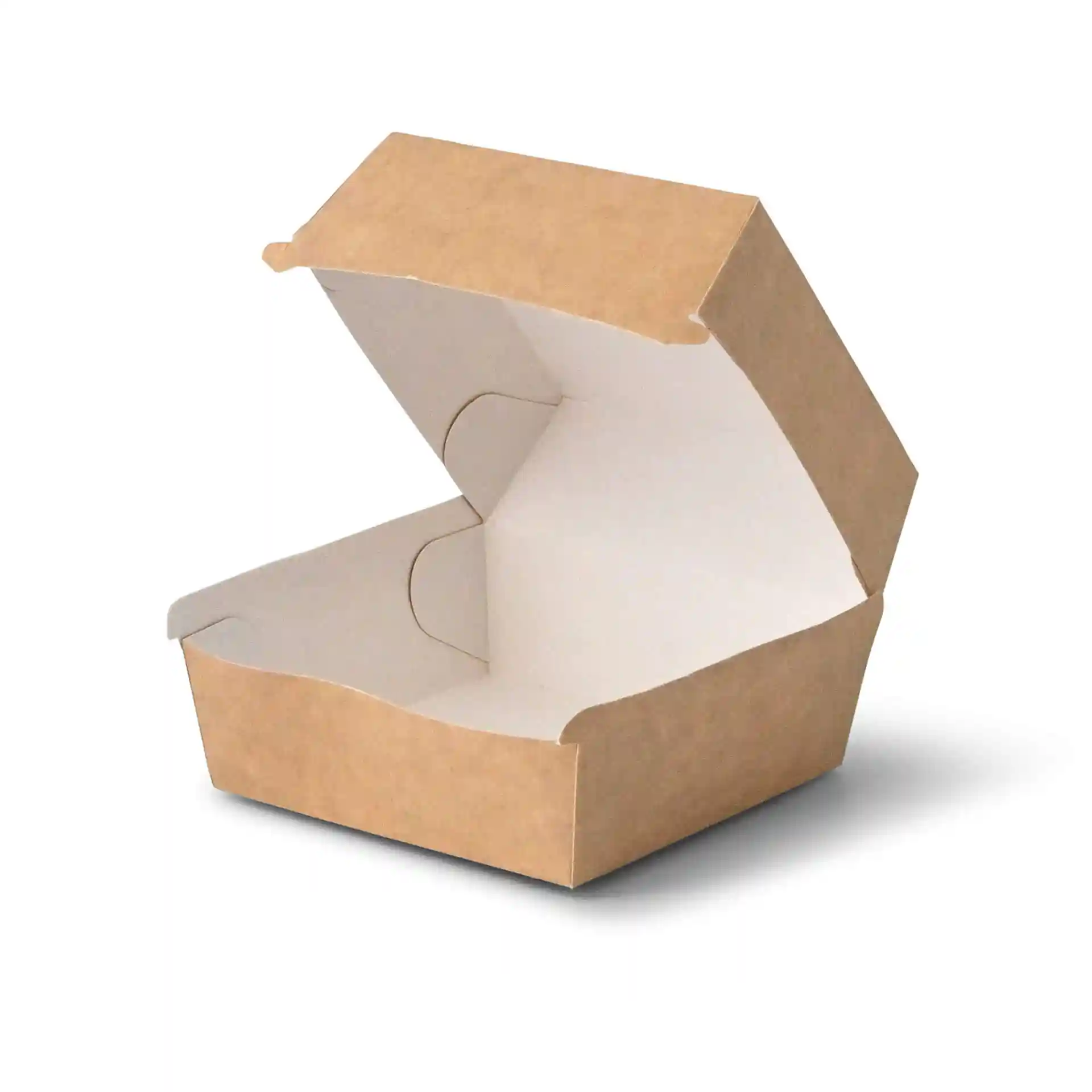 Braune Pappbox für Takeaway-Burger mit offenem Deckel, 11 x 11 x 8 cm groß.
