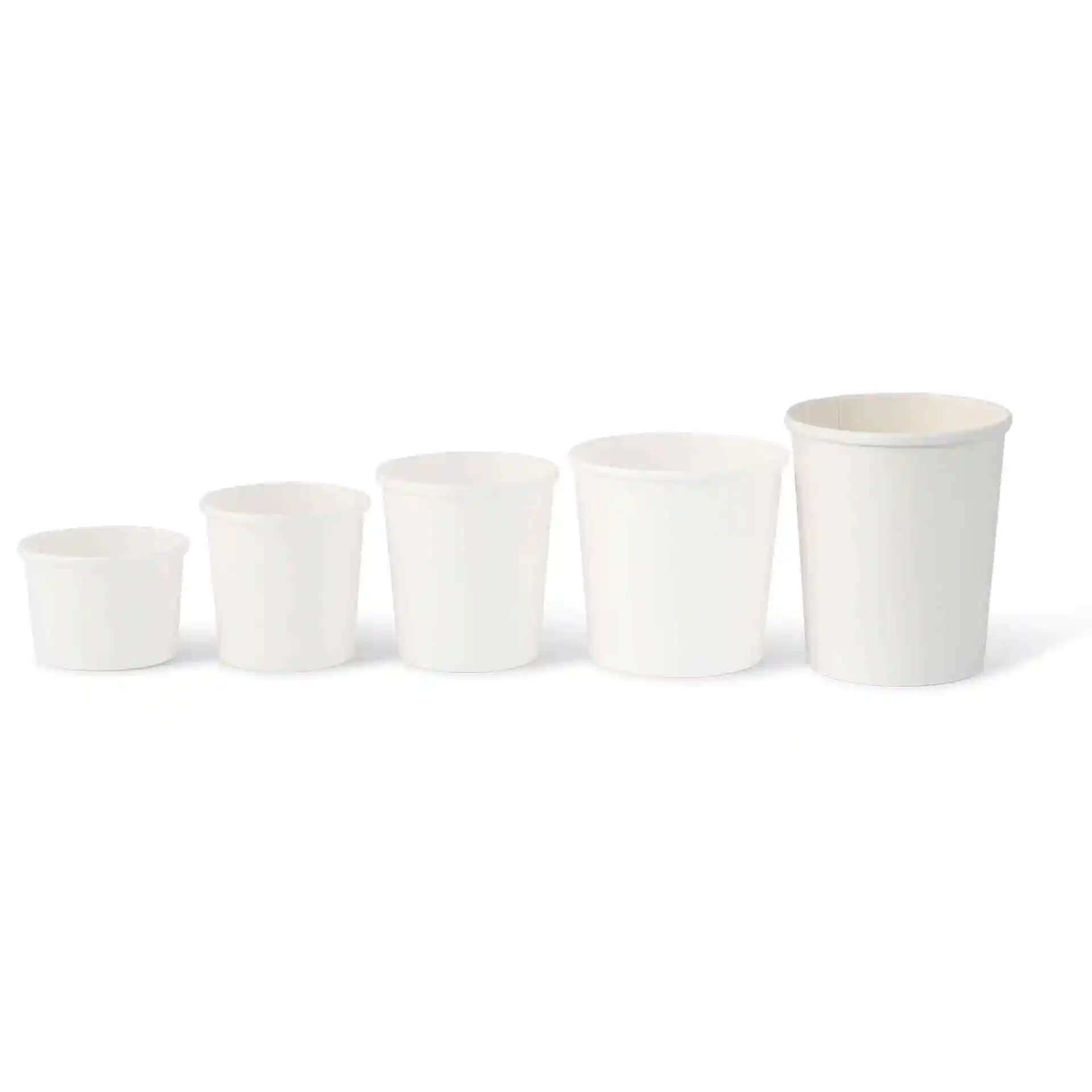 Five white cardboard soup cups of varying sizes arranged in a row, showing round shapes and smooth surfaces.