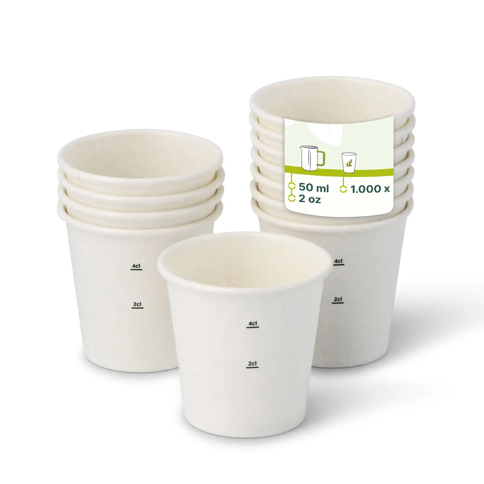 One white paper cup, 2 oz, with several stacked behind it; features a PE coating for beverage use.