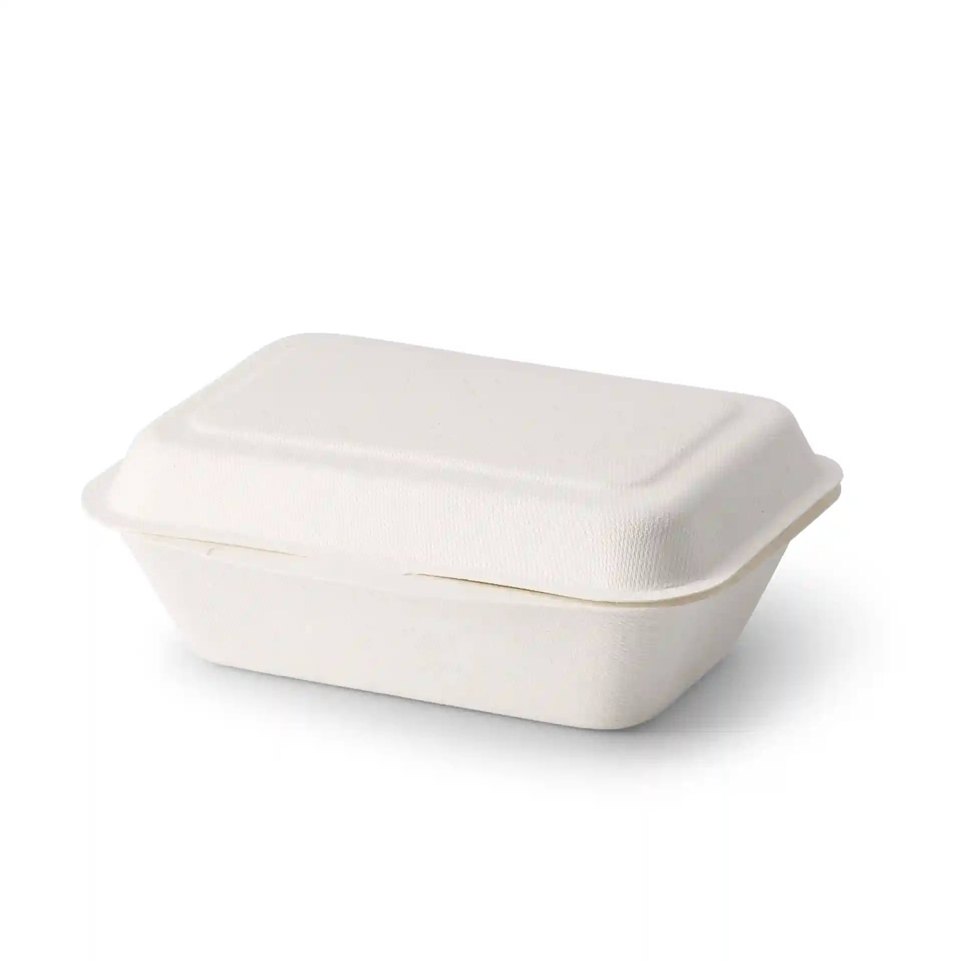 Rectangular white sugarcane food container with a hinged lid, measuring 18.5 x 13 x 6.5 cm.