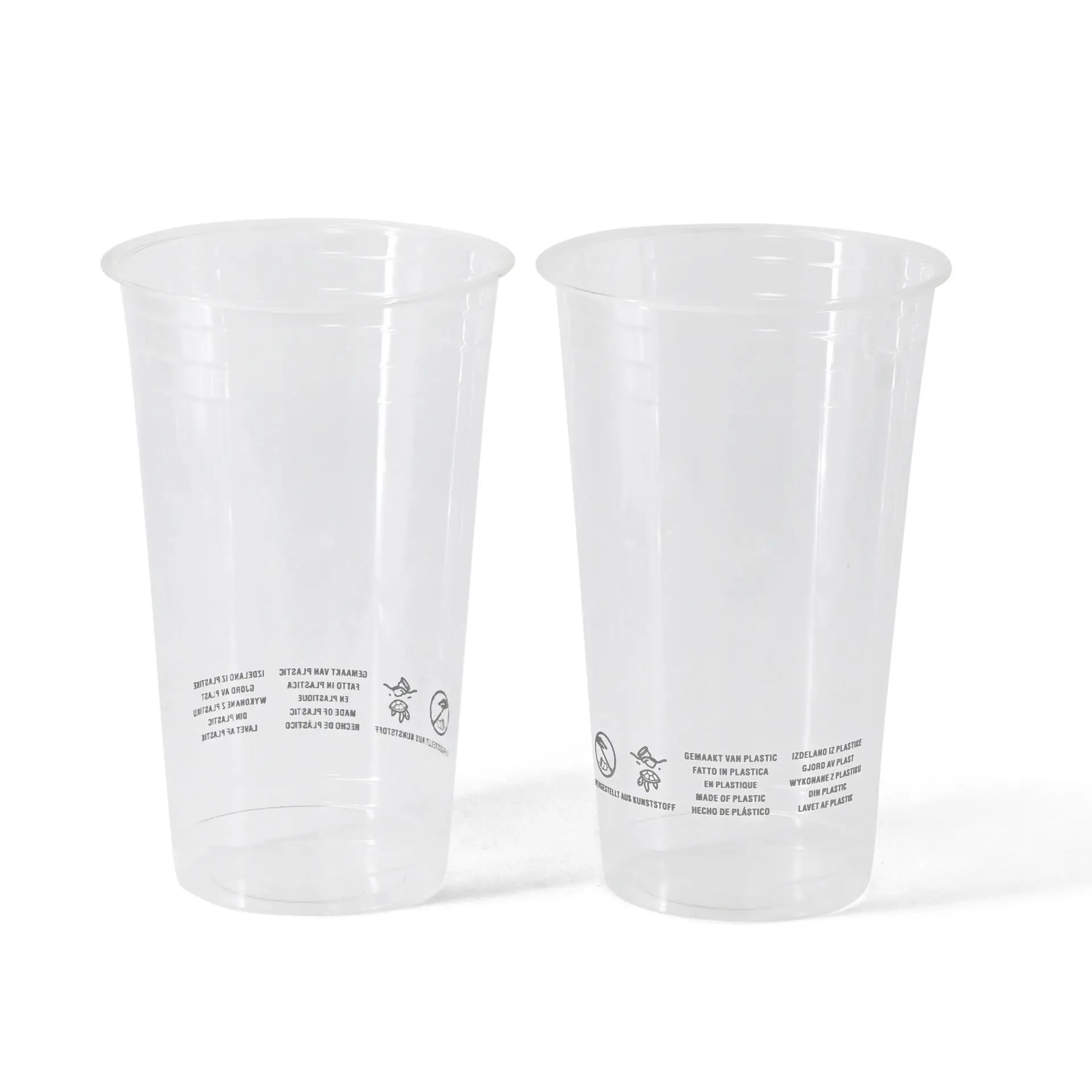 Klare PLA-Plastikbecher, 500 ml Kapazität, Durchmesser 95 mm und Höhe 148 mm, mit gedruckten Markierungen.