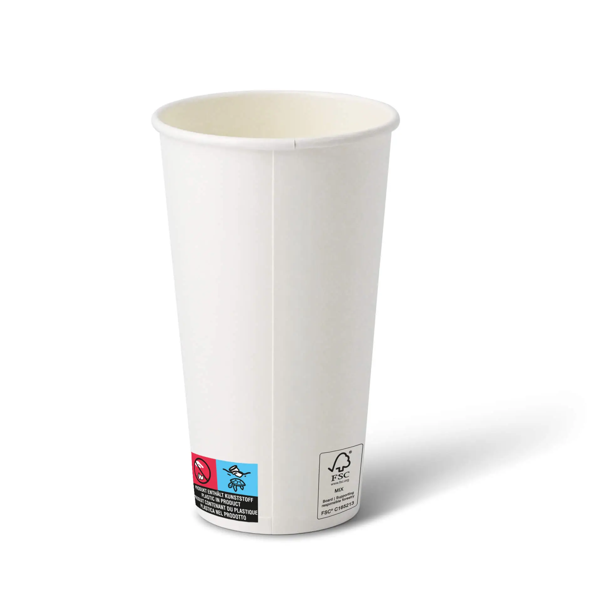 Weißer Becher, 20 oz, PE-beschichtet, mit runder Form und sichtbaren Sicherheits- und Zertifizierungssymbolen an der Seite.