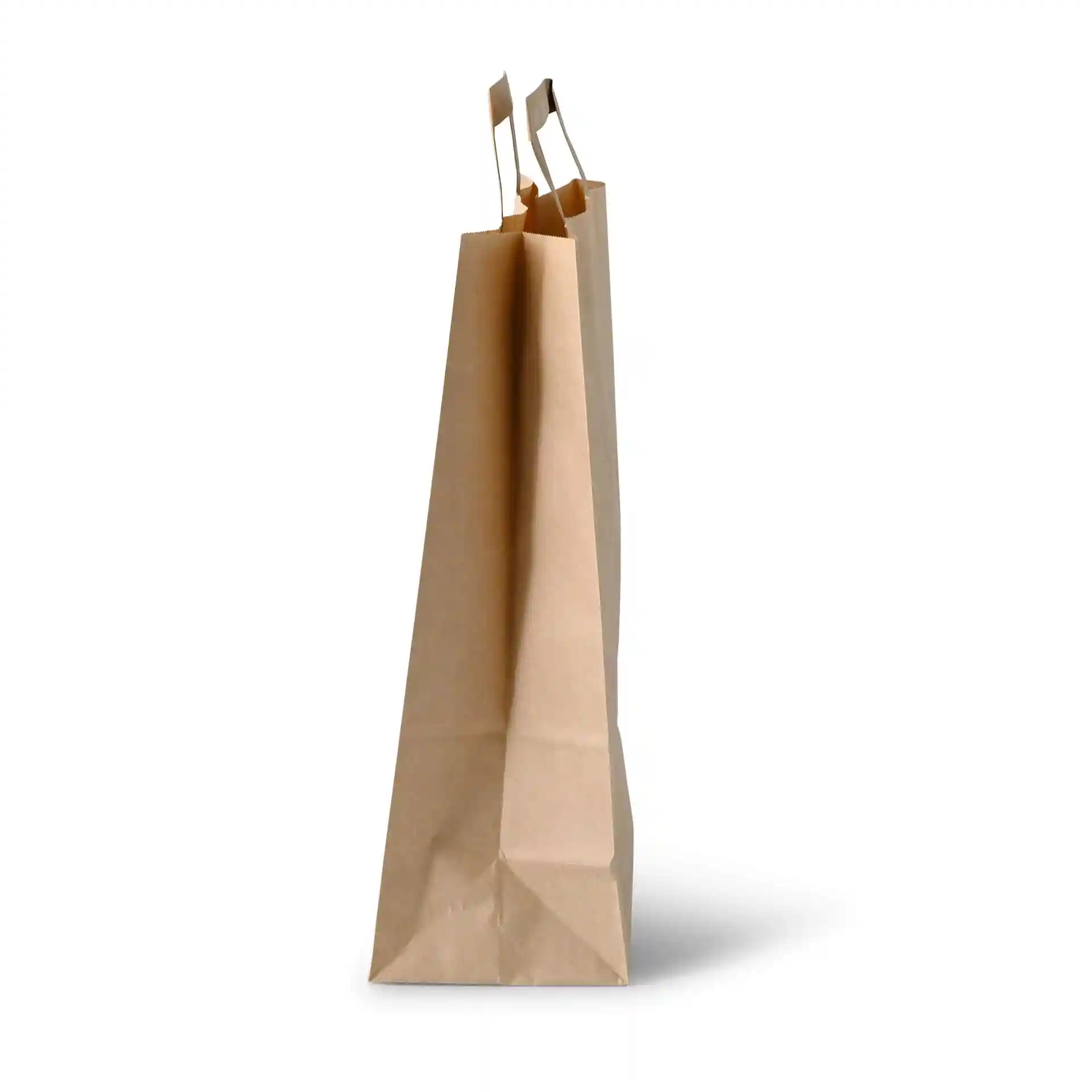 Brown paper carrier bag with a rectangular base and two handles, measuring 26 x 12 x 35 cm.