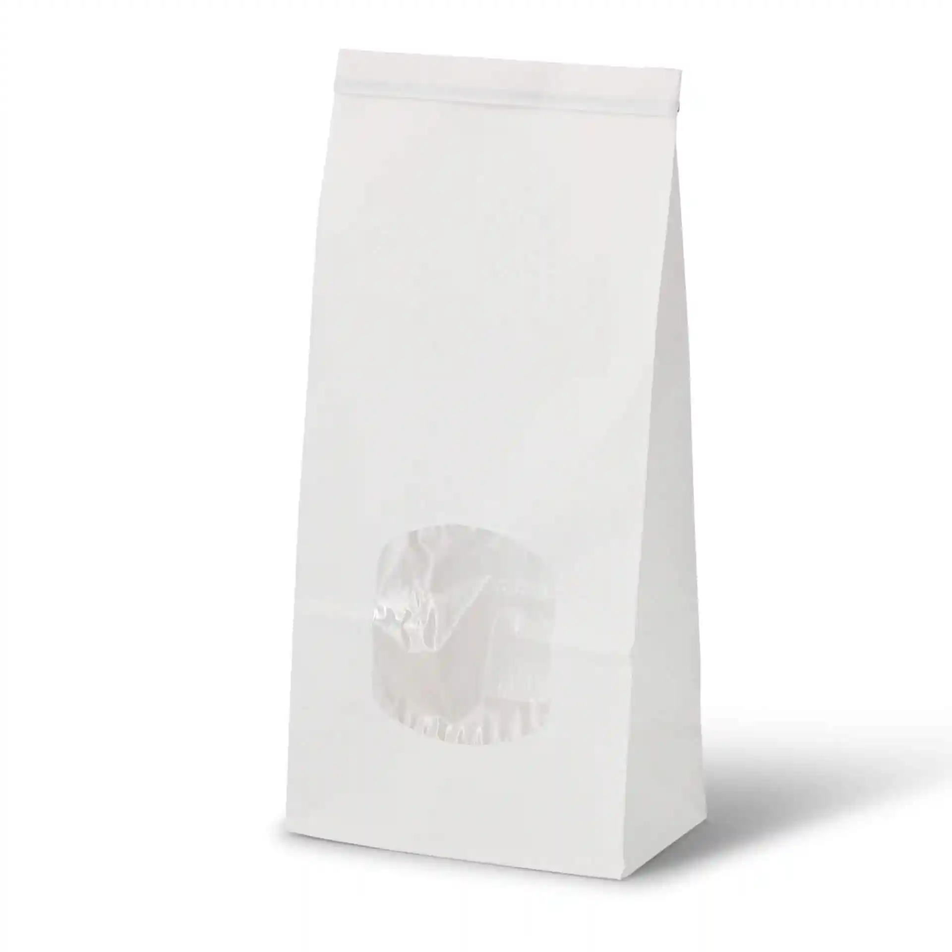 White block bottom bag with a transparent viewing window, measuring 11.5 x 7 x 24.5 cm.