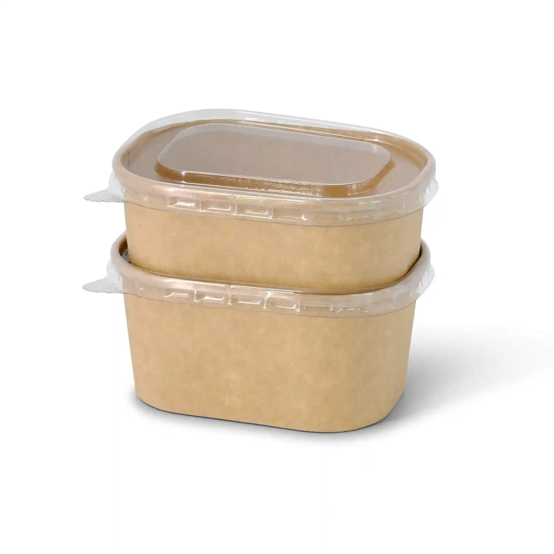 Two rectangular containers with transparent rPET lids, stacked, on a plain background.