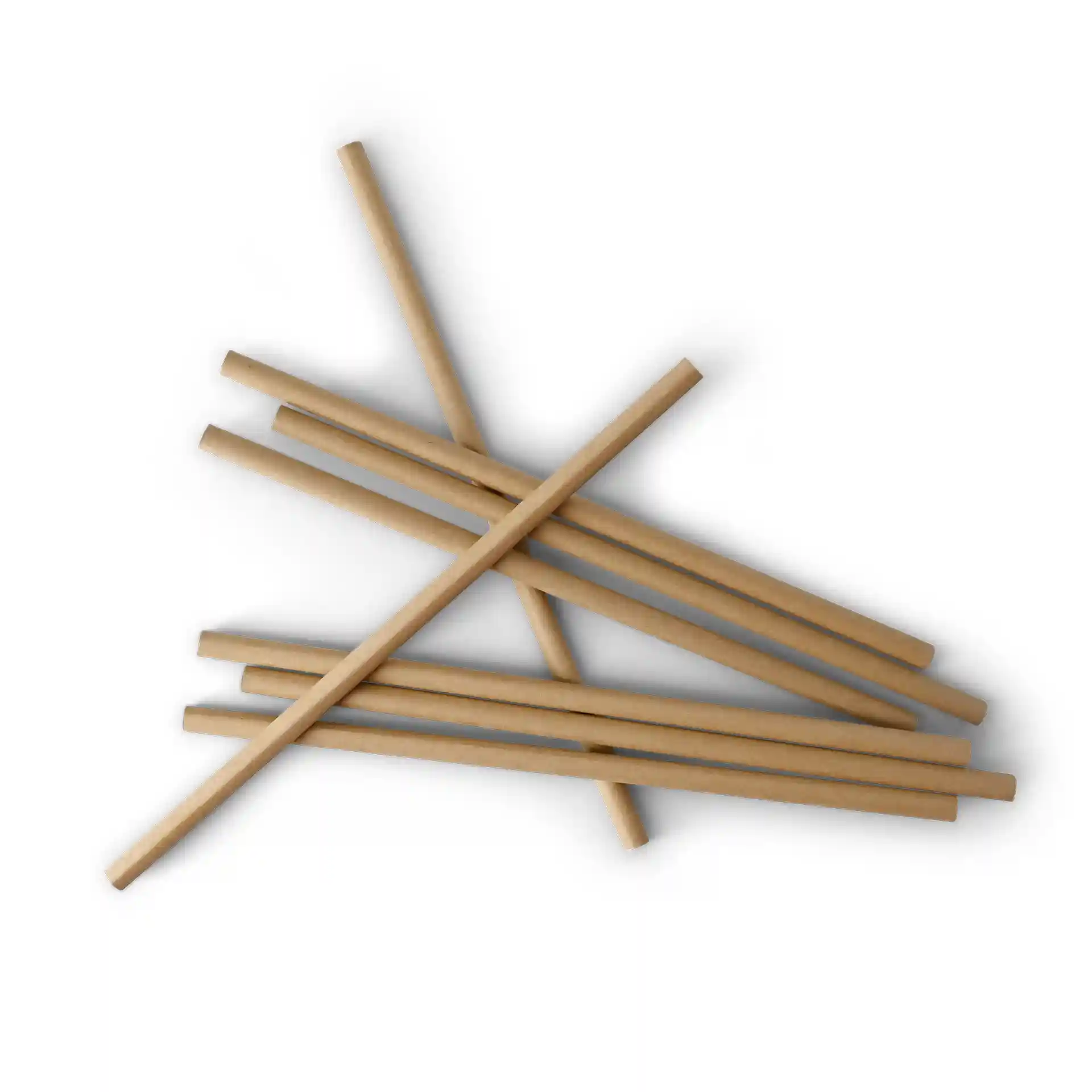 Brown paper jumbo drinking straws, 23 cm long and 0.8 cm wide, arranged in a scattered position.