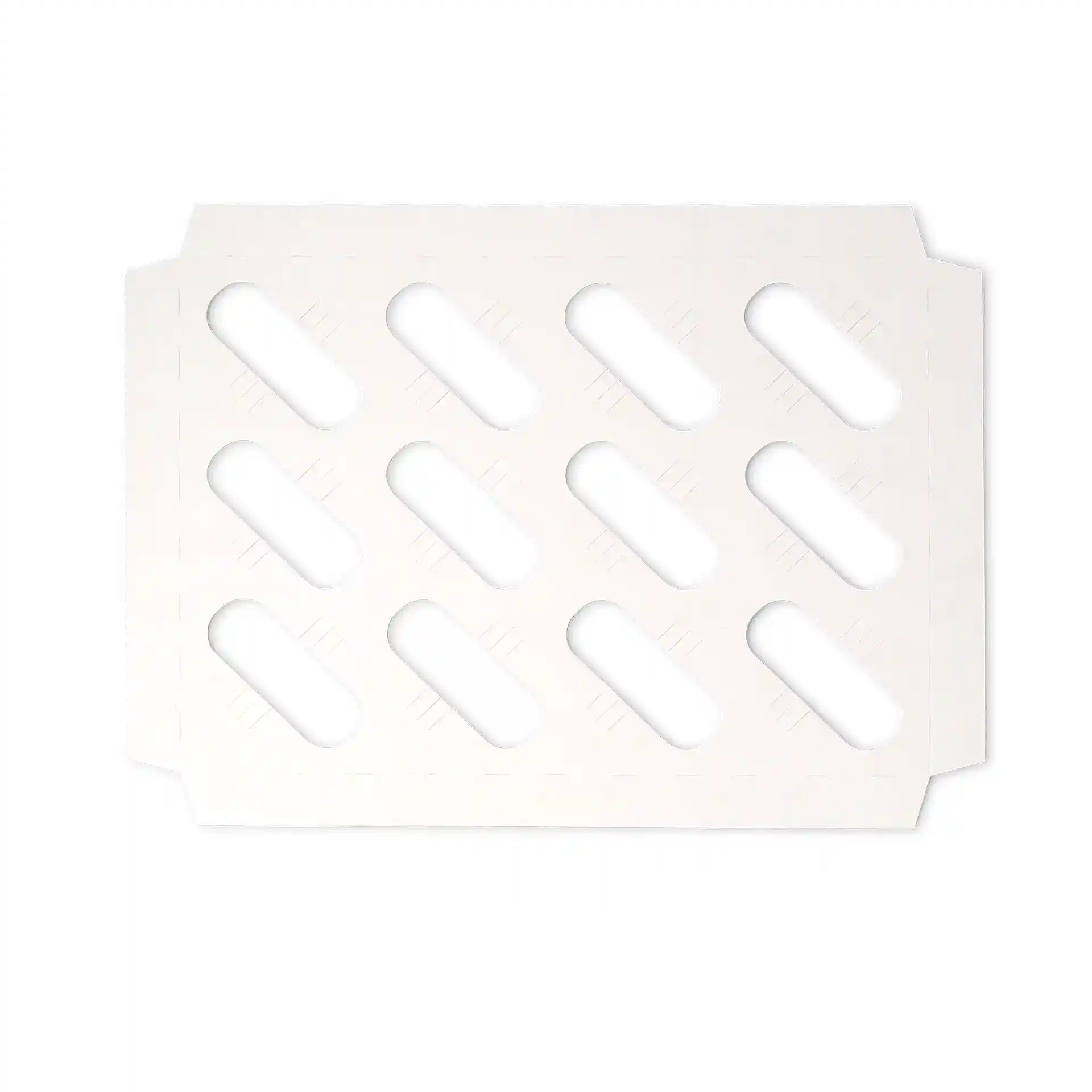 White cardboard insert with cut-out slots for holding cupcakes, designed for use in cupcake boxes.