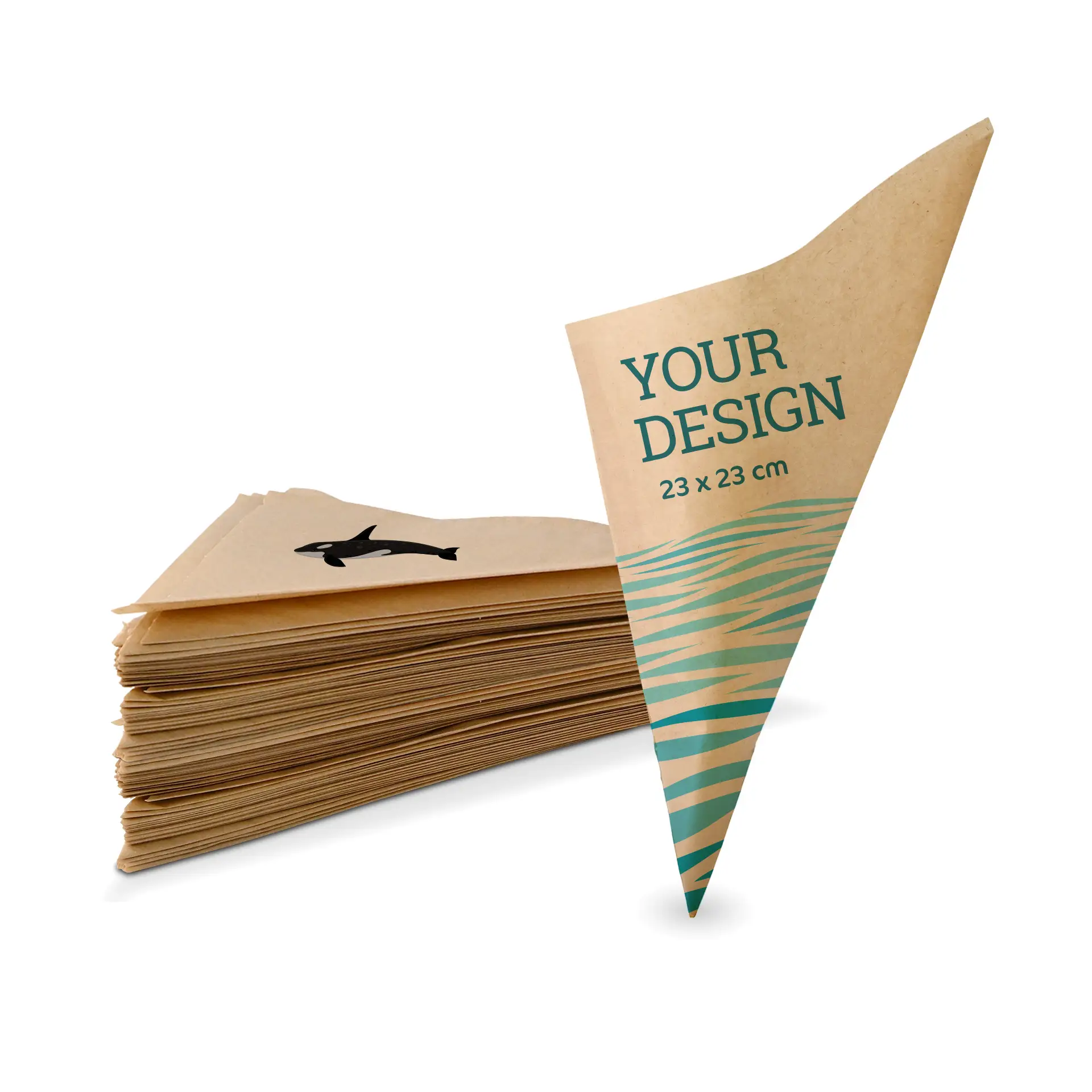 Maßgefertigter brauner Papierkonusbeutel für Lebensmittel, Maße 23 × 23 cm, mit illustrativem Design im Hintergrund.