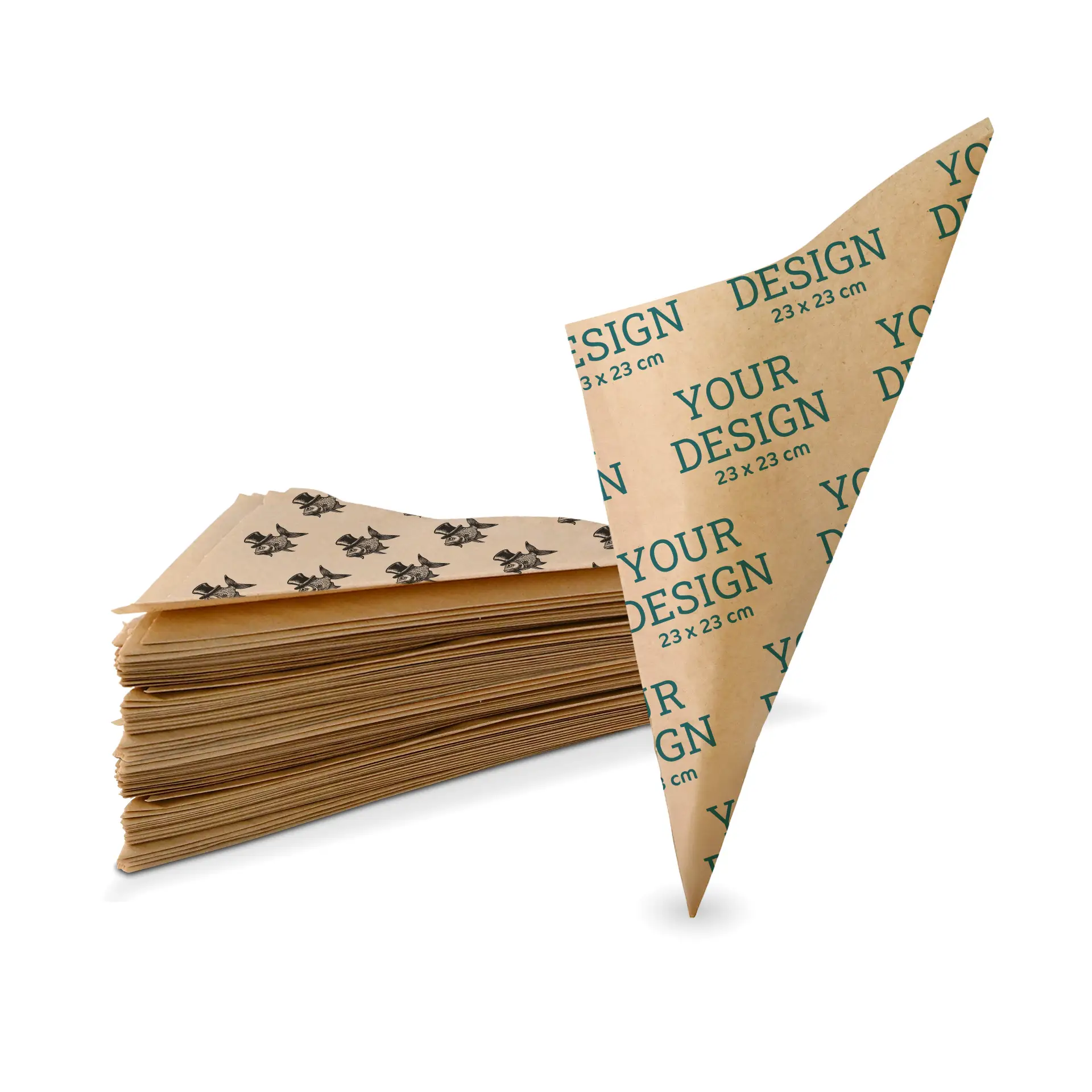 Custom printed brown paper cone bag for food, dimensions 23 × 23 cm, with an illustrative design and stacked behind.