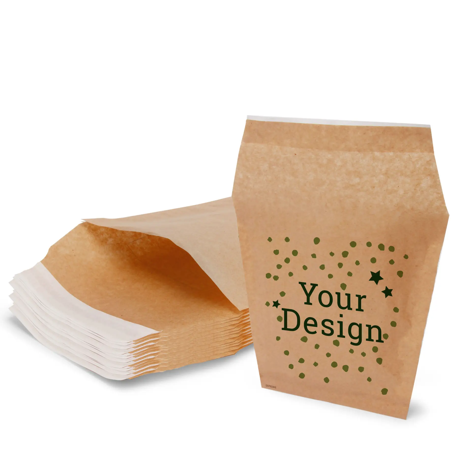 Custom printed French fry bag in brown with integrated adhesive closure; stack of bags shown behind the bag with design.
