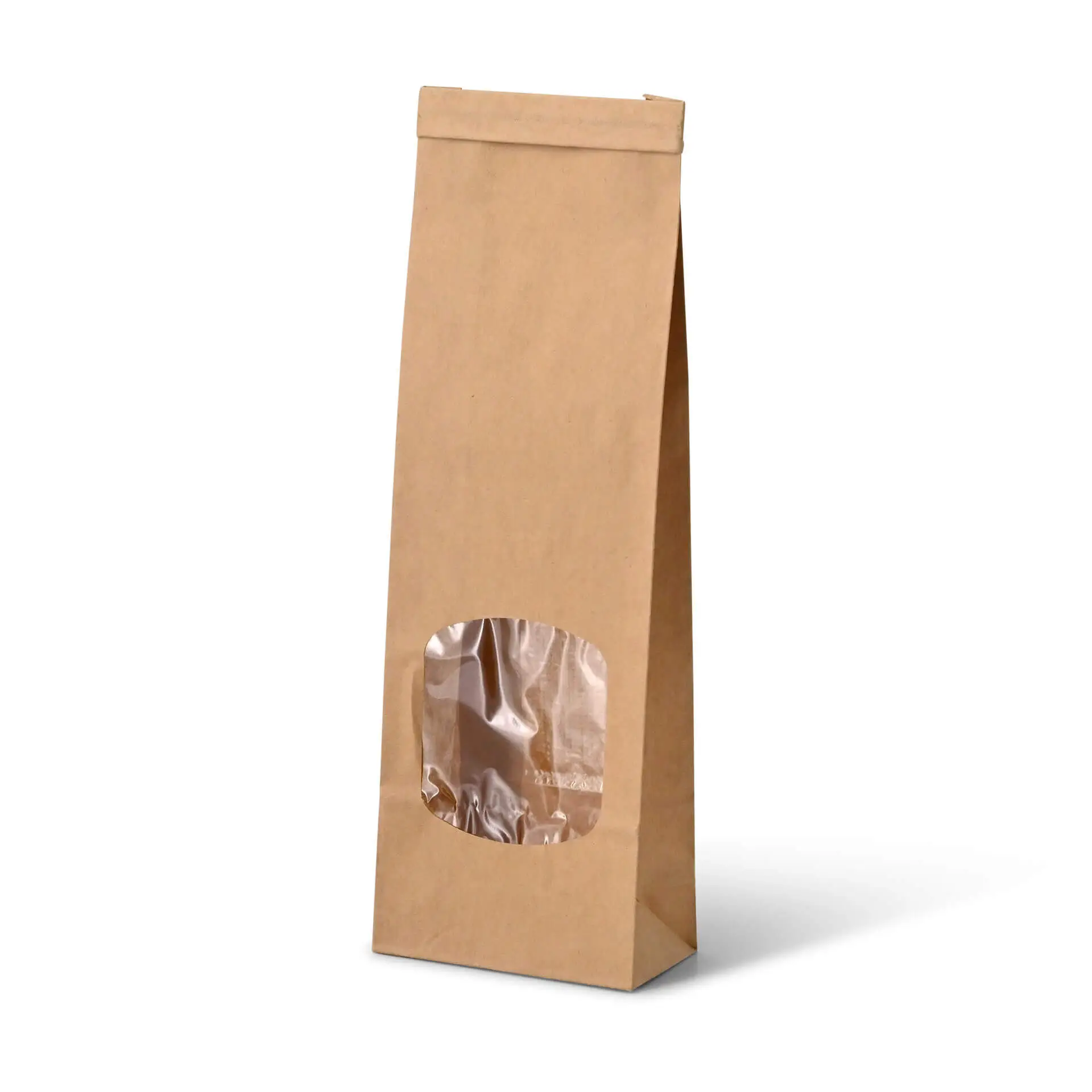 Blockbeutel m. Fenster S, 9 x 4,5 x 26 cm, PP-Folie, braun, Clipband, Kraftpapier