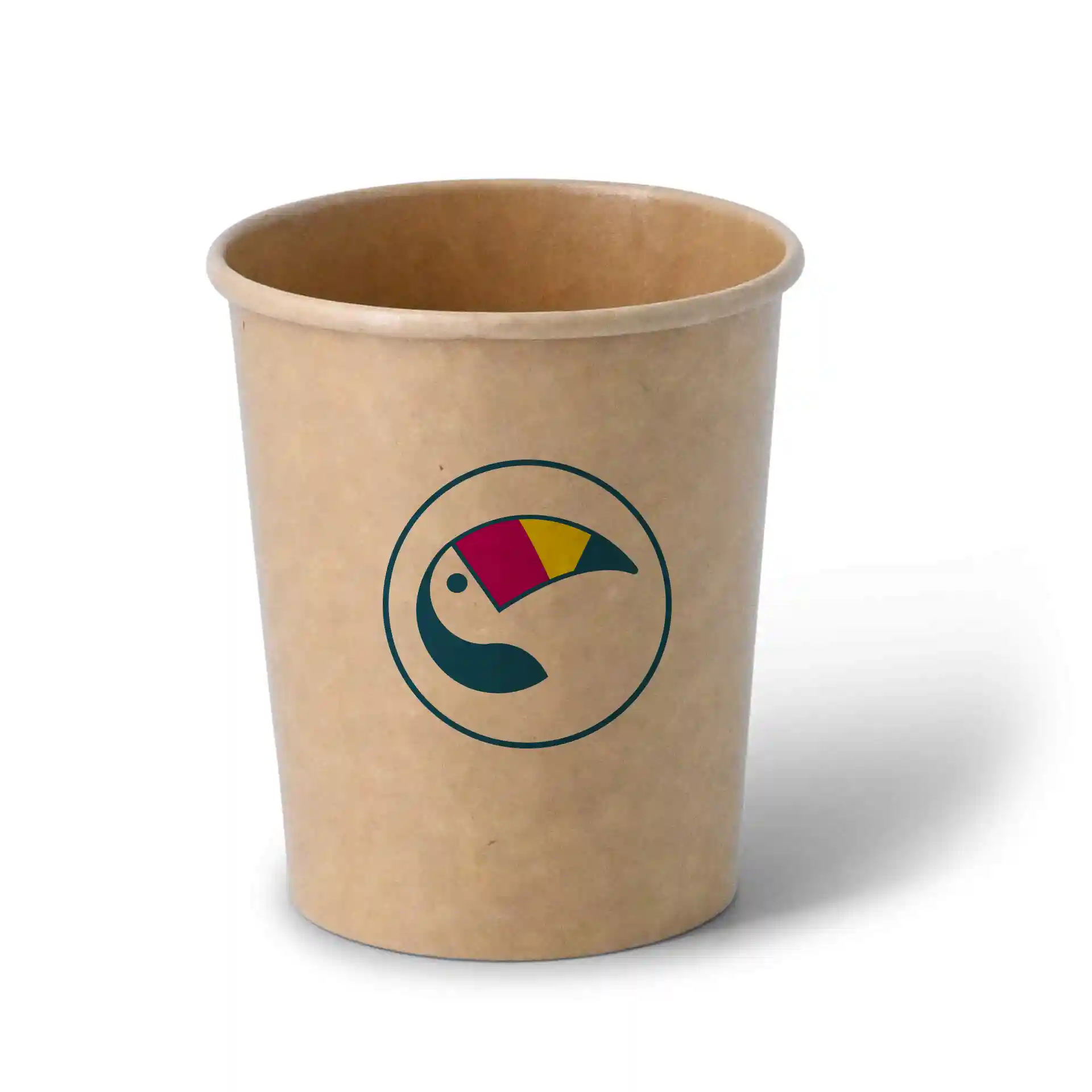 Brauner Pappbecher für Eis mit einem runden Logo, das ein Tukansymbol zeigt, 400 ml Fassungsvermögen.