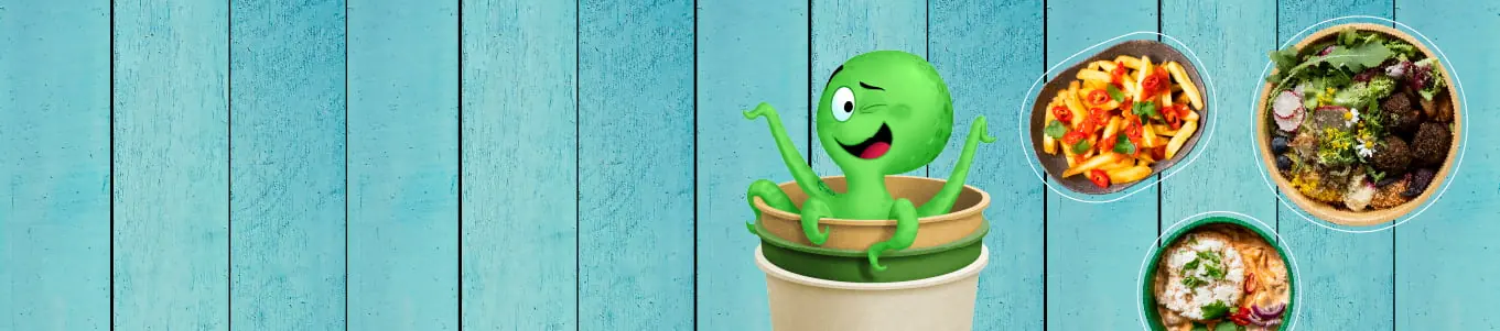 Green cartoon character sitting in a paper cup, with colorful dishes showcased in three bowls on a blue wooden background.