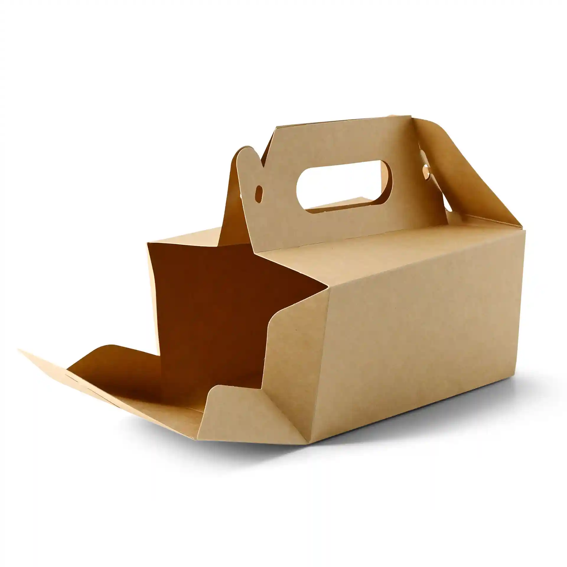 Brown cardboard pastry box with a handle, rectangular shape, dimensions 18 x 11 x 9 cm, foldable design.