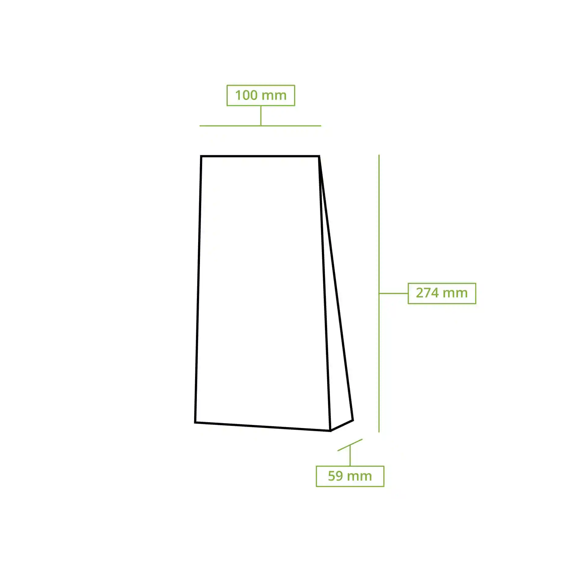 Schematic drawing of a block bottom bag with dimensions: 100 mm width, 59 mm depth, and 274 mm height.