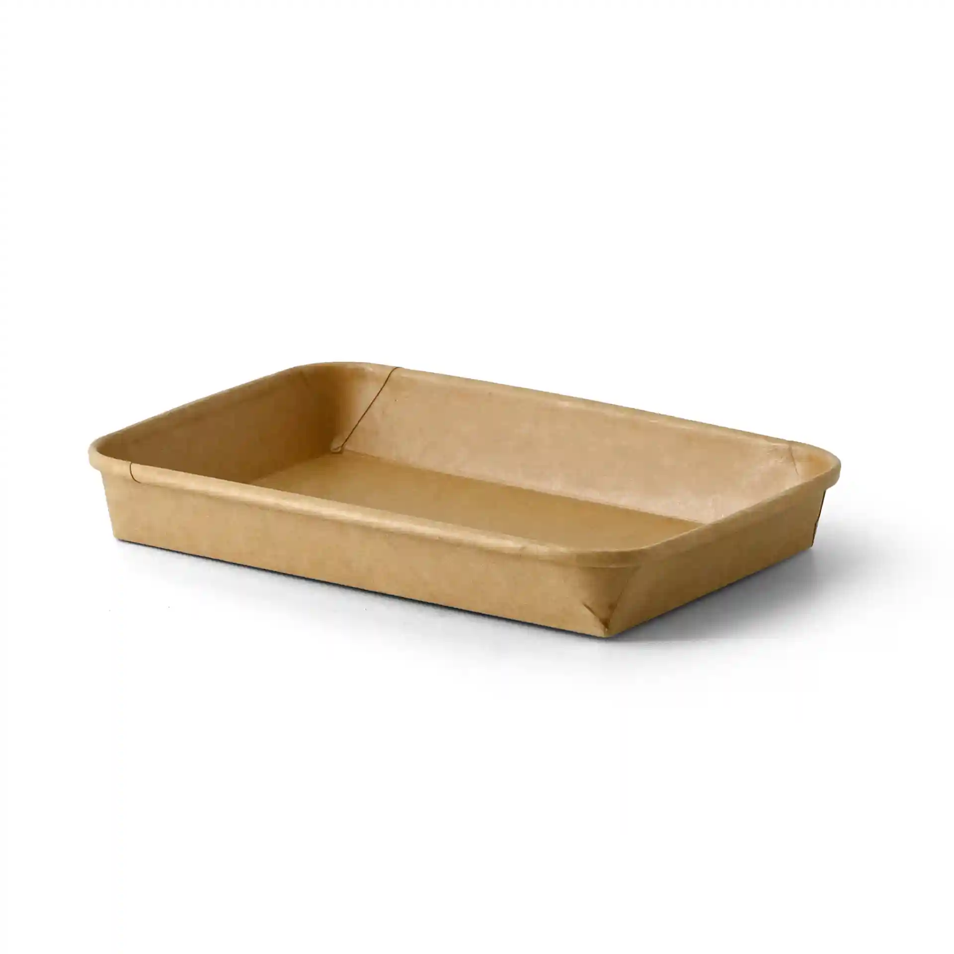 Braune rechteckige Sushi-Box, PE-beschichtet, 22 x 14 x 2,5 cm groß, mit leicht erhöhten Rändern.