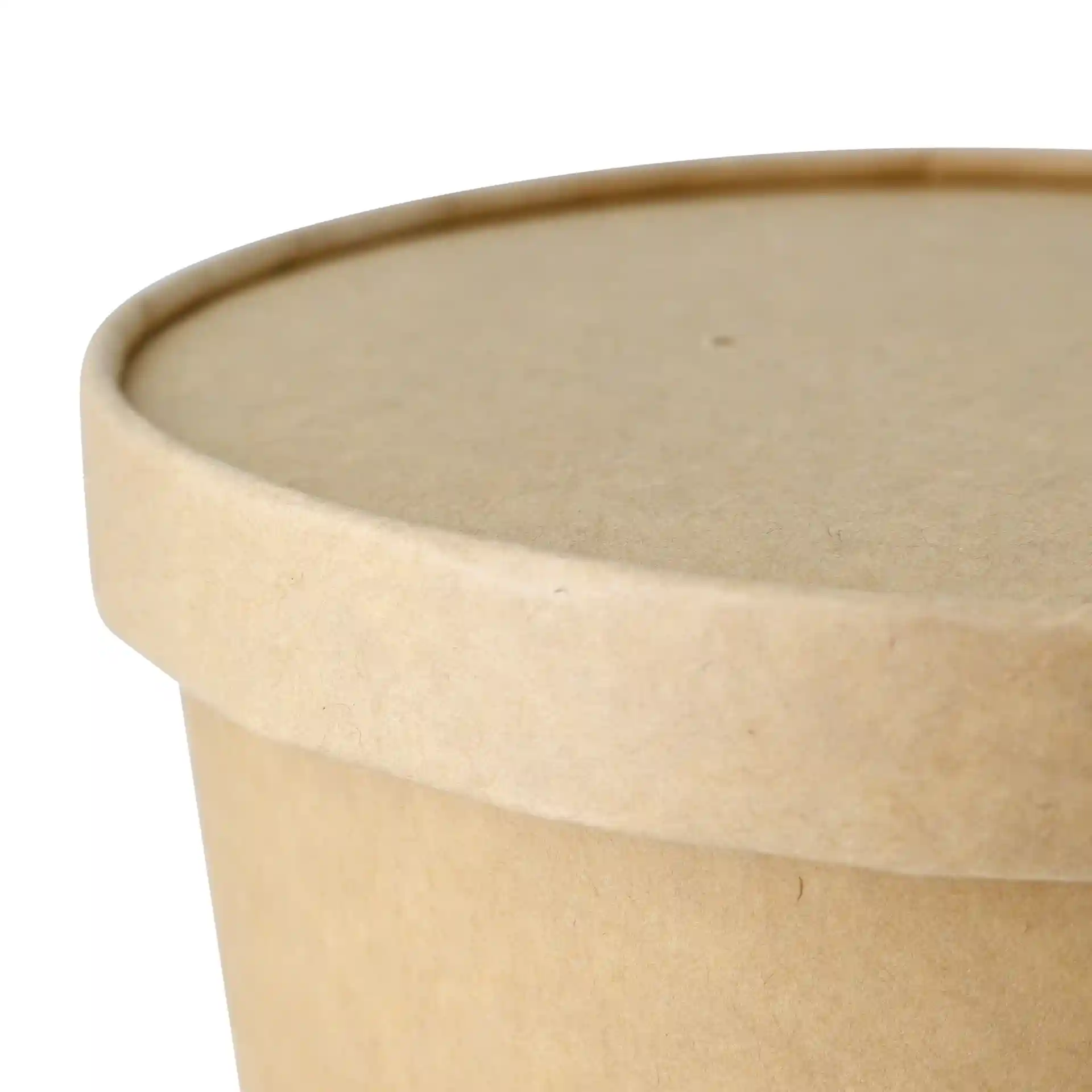 Close-up of a round brown cardboard lid with a smooth surface and a slight lip around the edge.