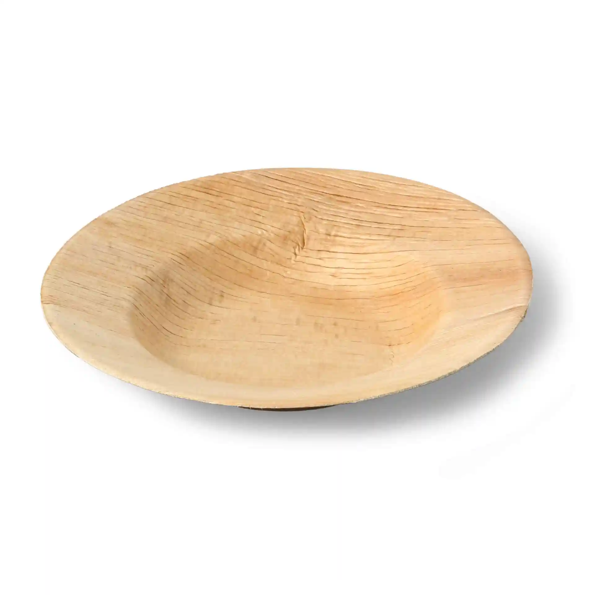 Tiefe runde Palmblattplatte mit Rand, Durchmesser 23 cm und Höhe 4,5 cm.