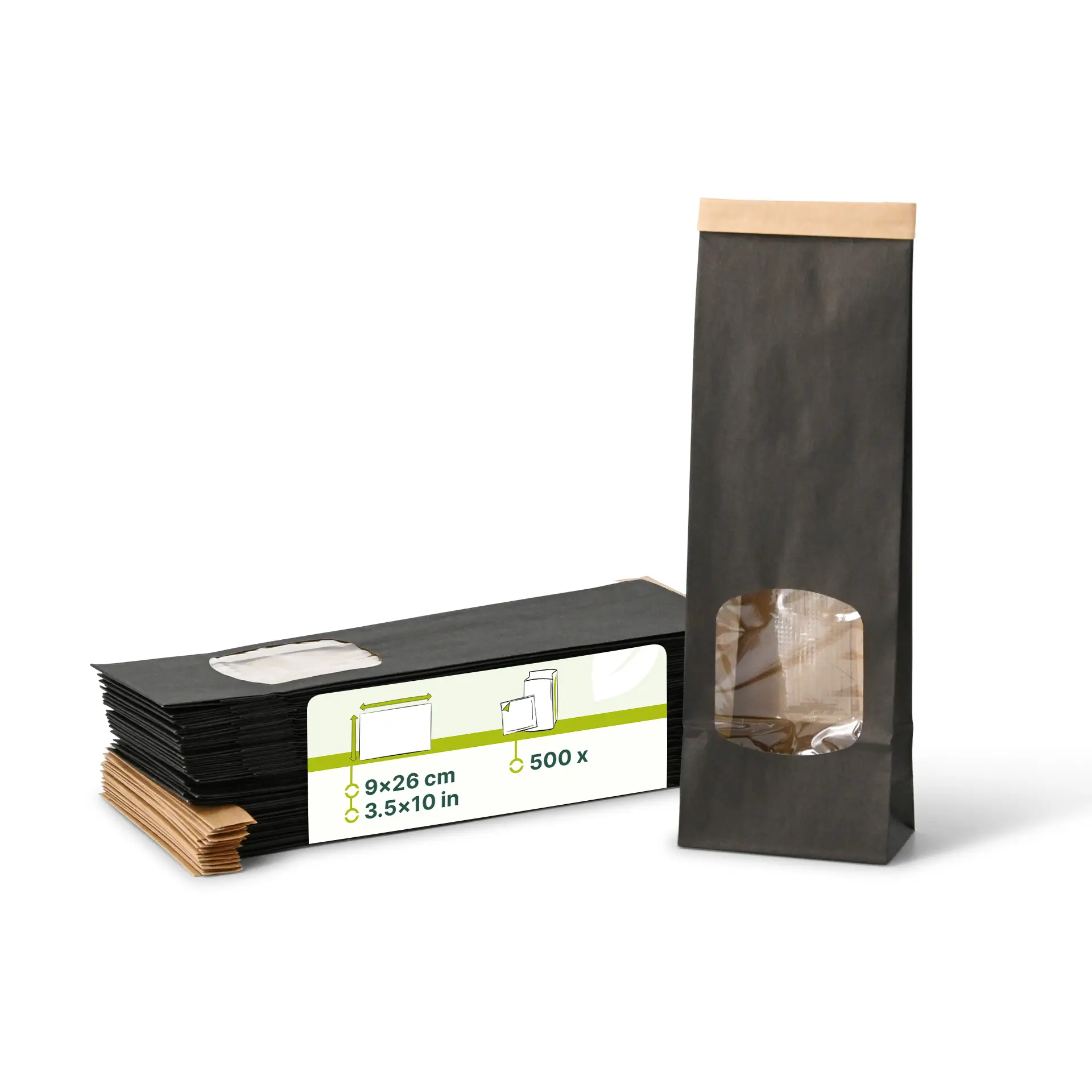 Blockbeutel m. Fenster S, 9 x 4,5 x 26 cm, PP-Folie, schwarz, Clipband, Kraftpapier Blockbeutel m. Fenster S, 9 x 4,5 x 26 cm, PP-Folie, schwarz, Clipband, Kraftpapier