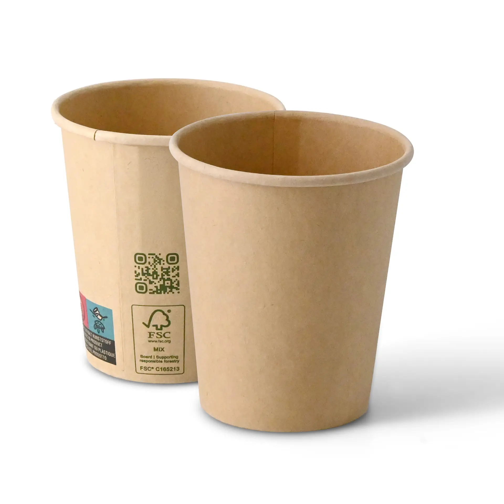 One brown single-wall paper cup with a PLA coating, featuring a printed sustainability message and QR code; another cup partially visible behind.