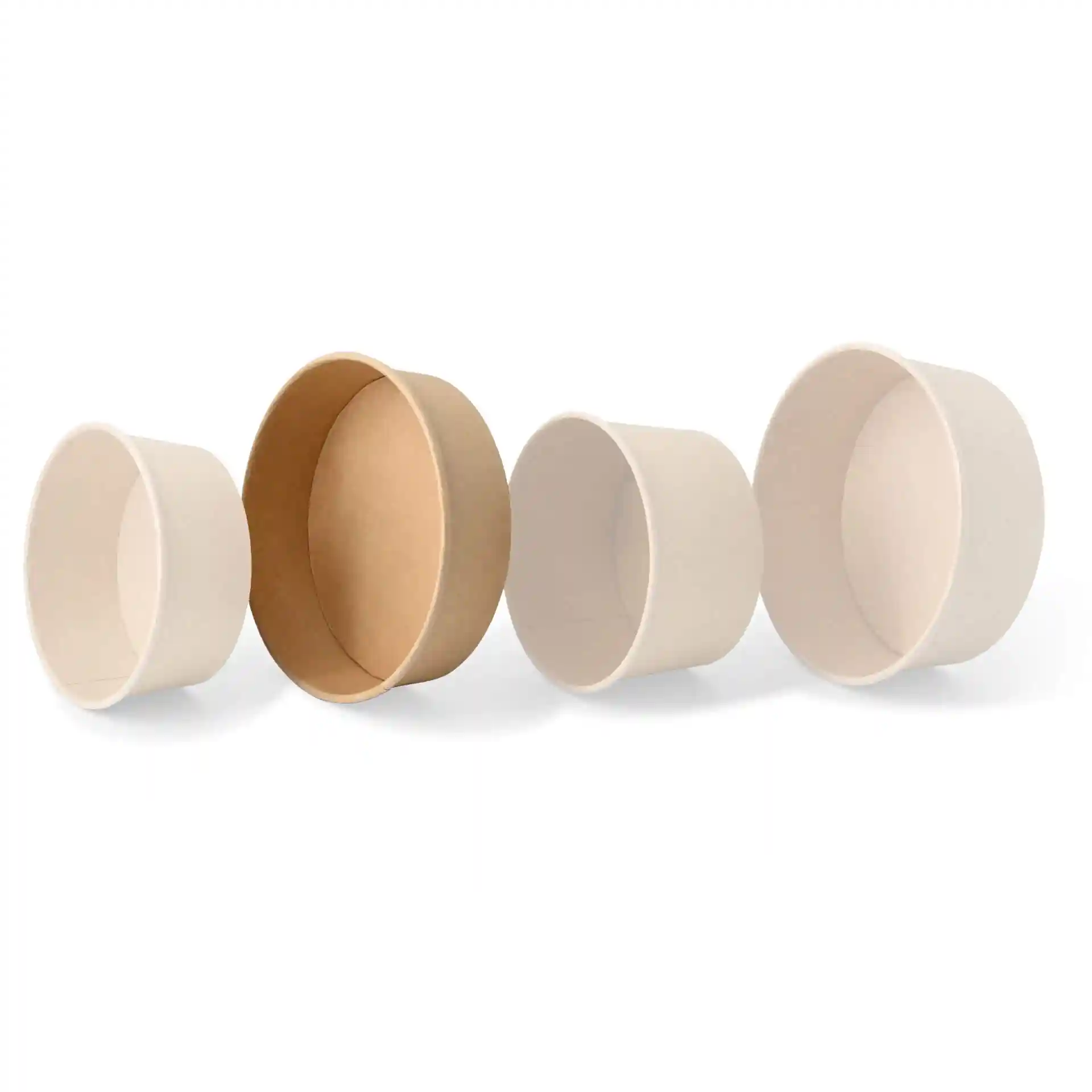 Round cardboard bowls in various sizes, including a brown bowl in the center, on a white background.