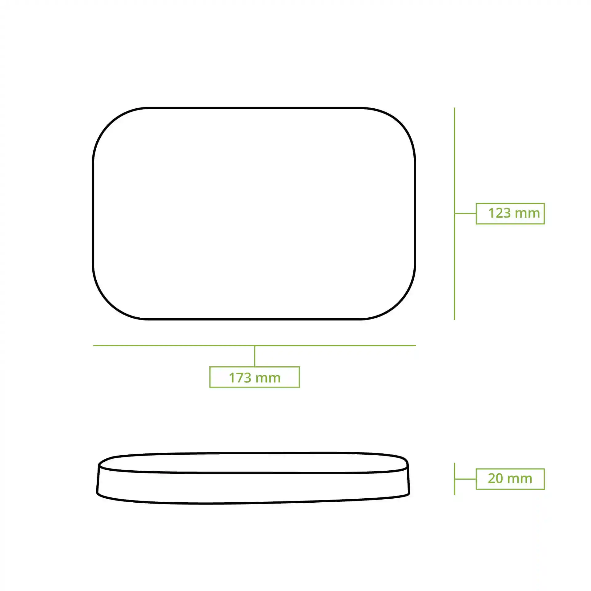 Schematic drawing of a rectangular cardboard lid with dimensions 173 mm length, 123 mm width, and 20 mm height.