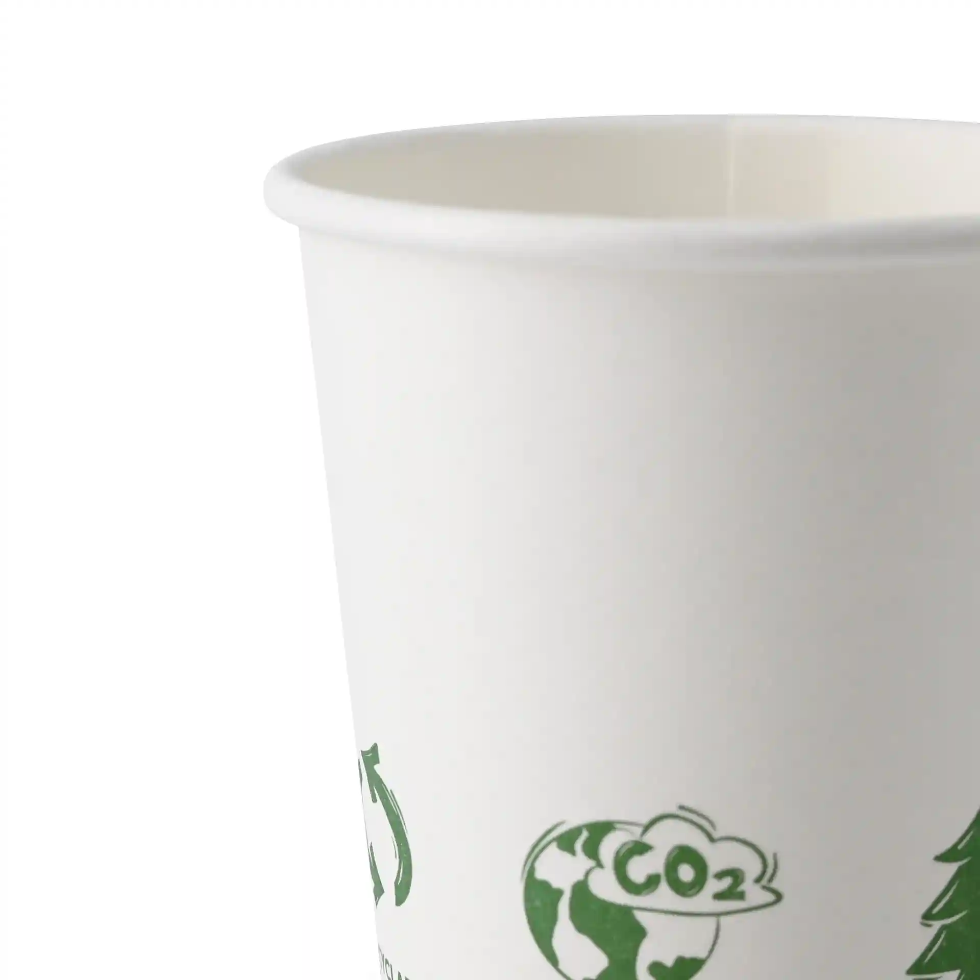 Weißer Becher mit einem Durchmesser von 62 mm, mit grünen „EcoUp©“-Icons und PLA-Beschichtung.