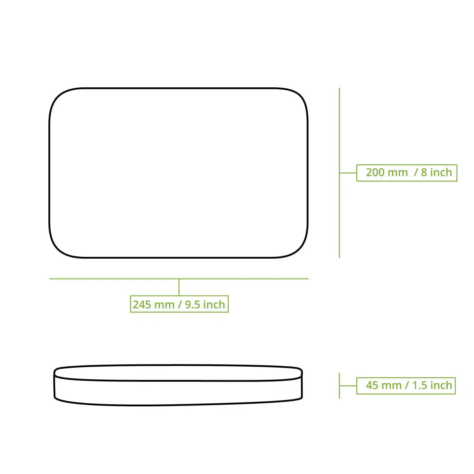 Schematische Zeichnung eines rechteckigen Behälters mit den Abmessungen 245 mm x 200 mm und einer Höhe von 45 mm.