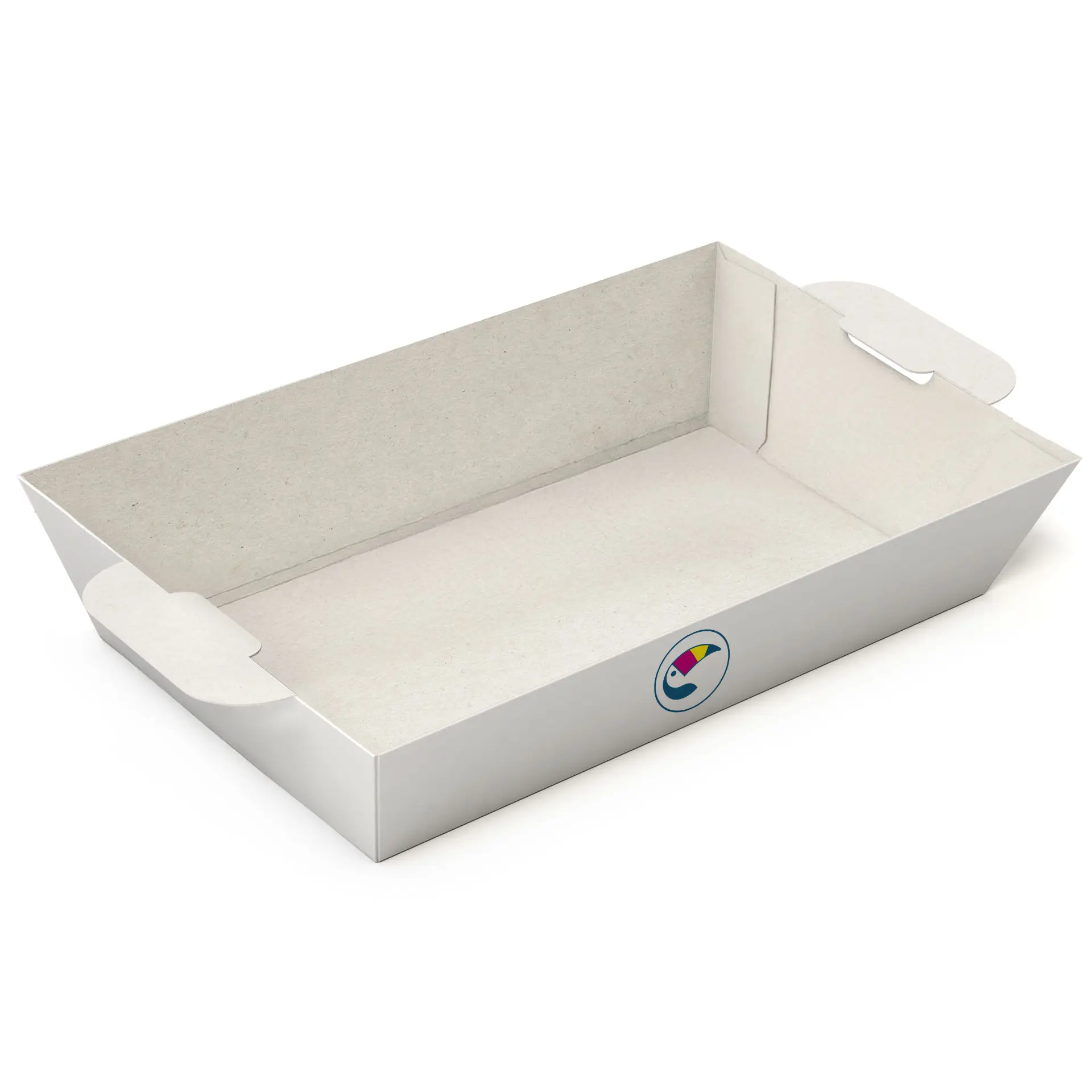 Individuell gestaltetes weißes Snacktablett mit Seitengriffen und Logo-Druck; leeres rechteckiges Design für den Lebensmittelservice.