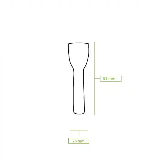 Schematische Zeichnung eines Papiereislöffels, 95 mm lang und 25 mm breit, im Umriss dargestellt.