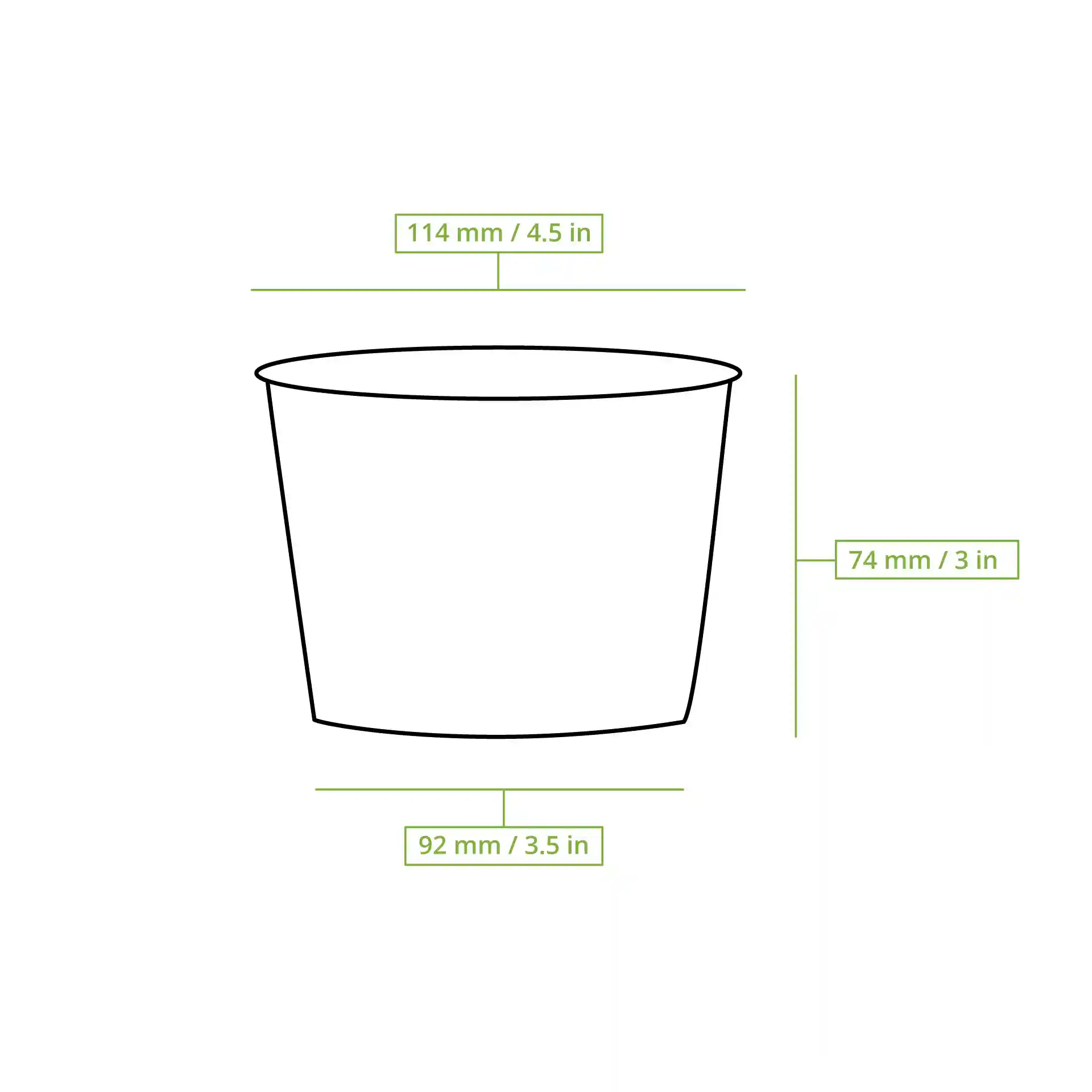 Schematic drawing of a round soup cup with dimensions: height 74 mm, top diameter 114 mm, bottom diameter 92 mm.