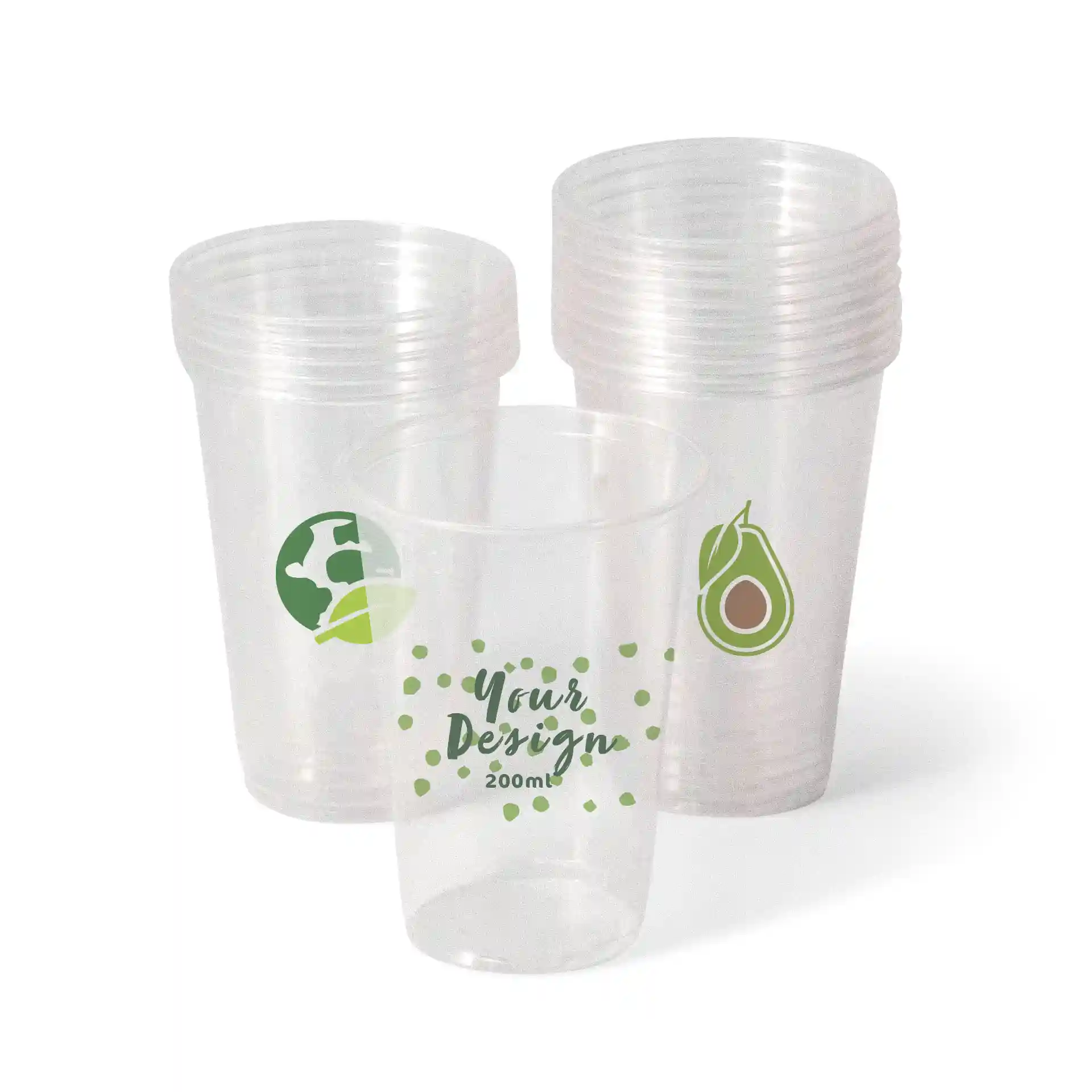 Klare 8 oz PLA Becher mit bedruckten Designs, darunter ein Globus und eine Avocado, gestapelt mit einem Becher vorne.